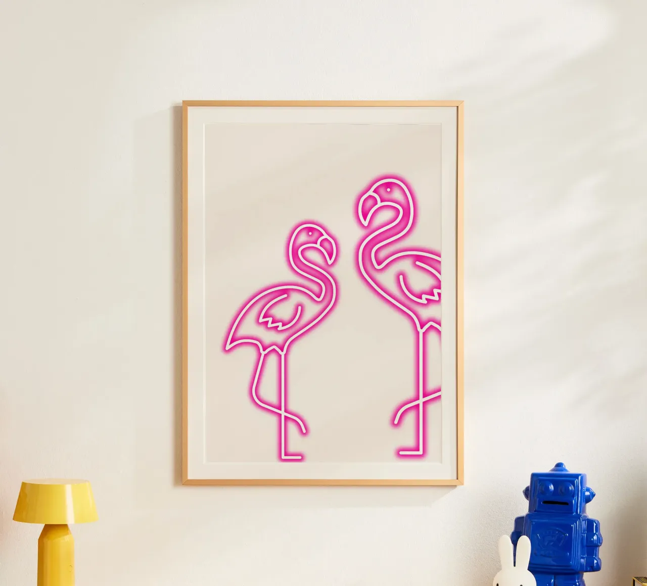Neon Flamingo Duo - Tropical Pink Glow Art Print hahnemühle by homdeco