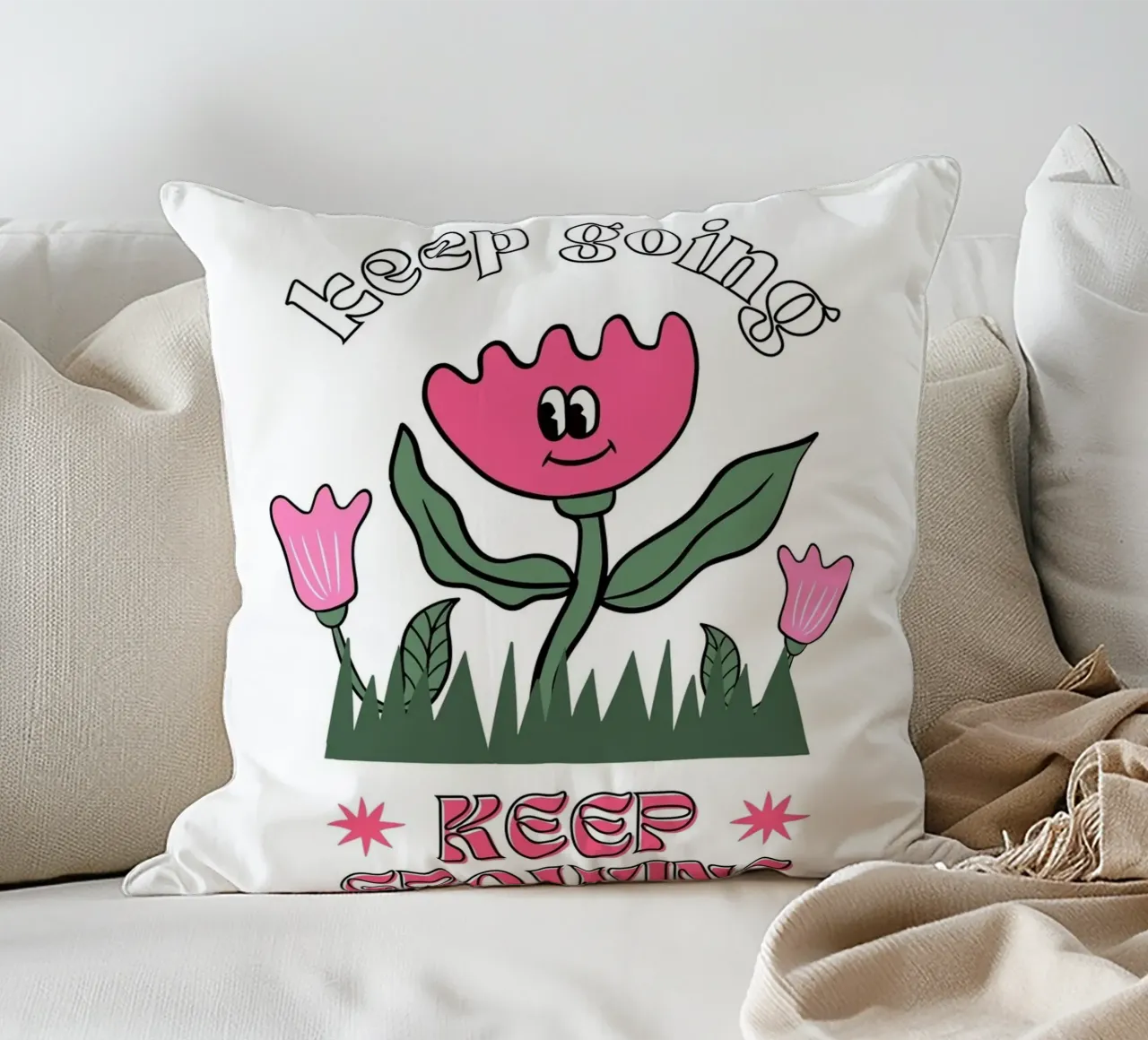 "Keep Going Keep Growing" - Stampa retro Flower Power cuscino da homdeco