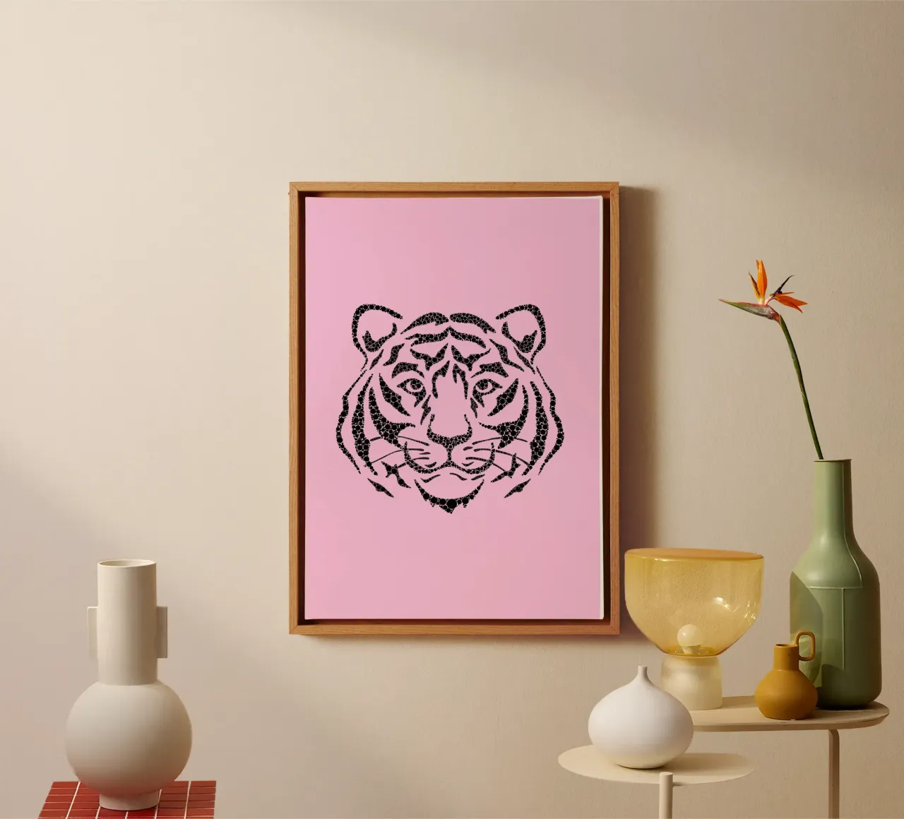 Gepixeleerd tijgerkopje - Roze & Zwart Moderne Kunstdruk canvas met Baklijst van homdeco