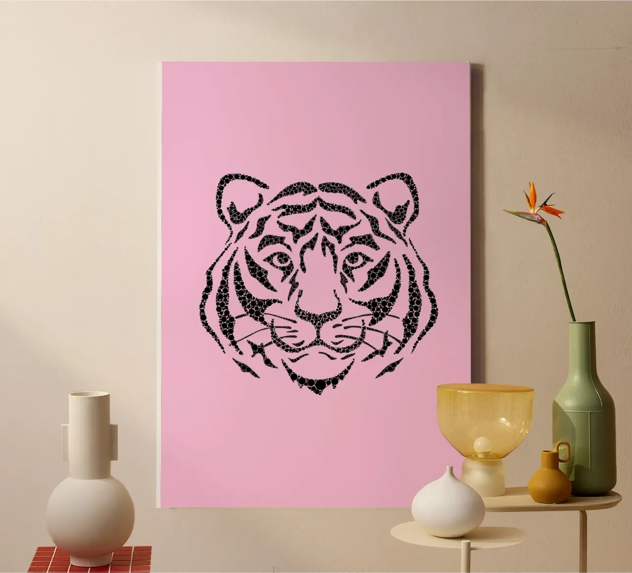 Gepixeleerd tijgerkopje - Roze & Zwart Moderne Kunstdruk canvas met Baklijst van homdeco