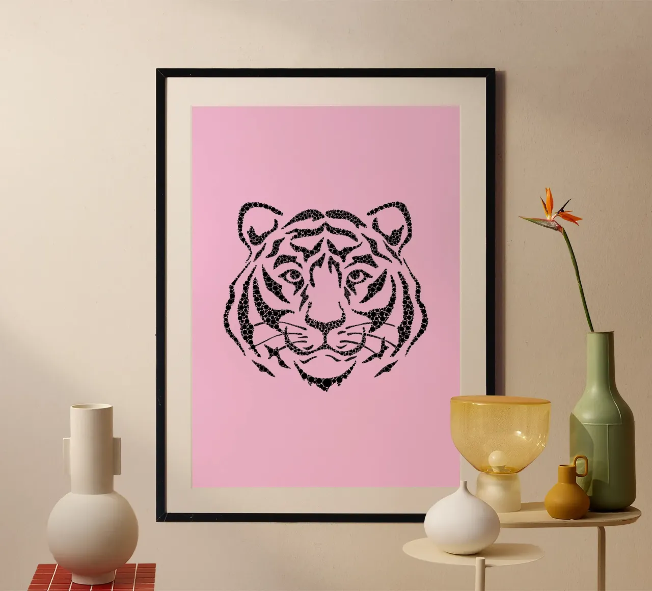 Verpixelter Tigerkopf - Pink & Schwarz Moderner Kunstdruck Poster von homdeco