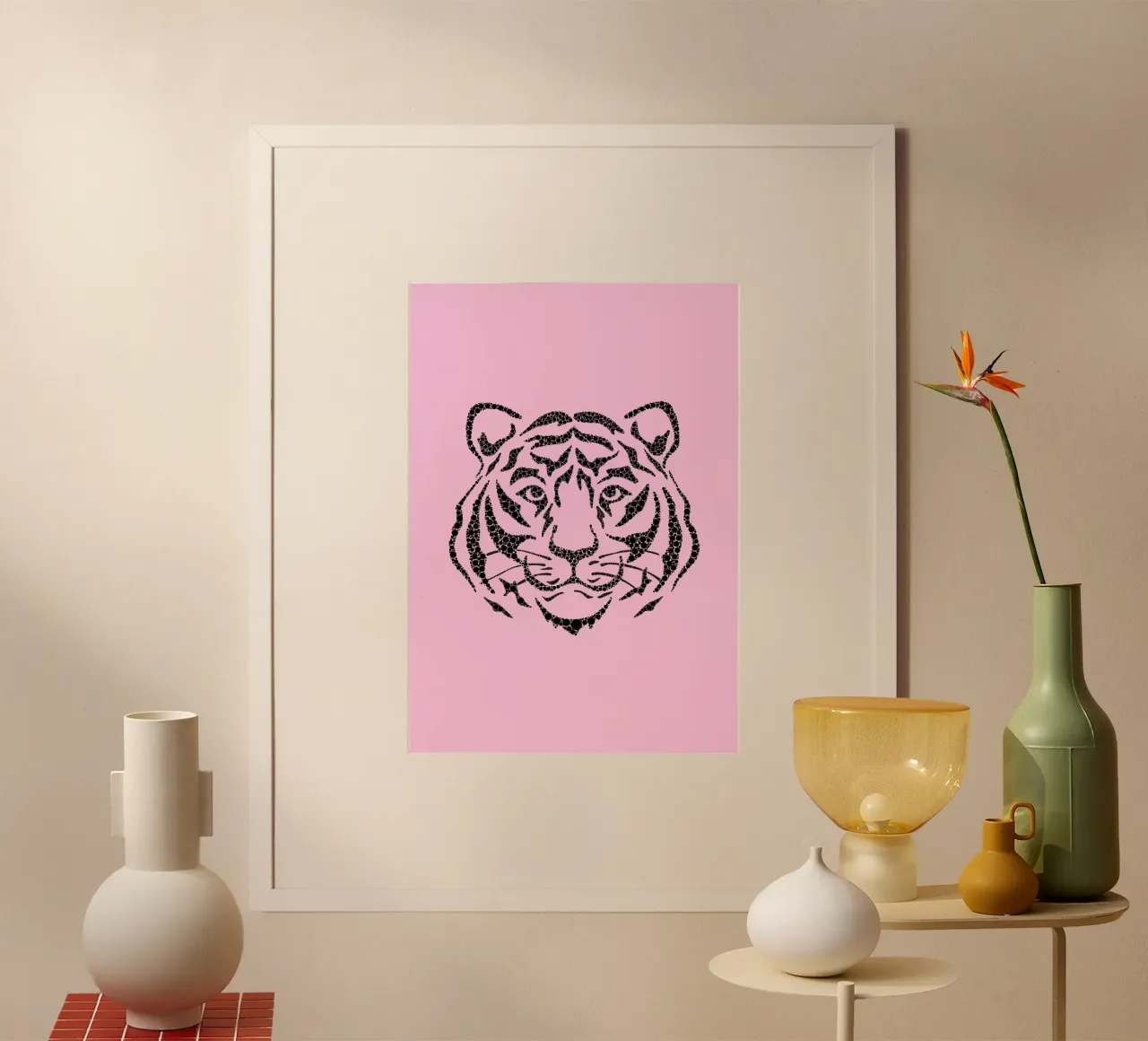 Verpixelter Tigerkopf - Pink & Schwarz Moderner Kunstdruck Poster von homdeco