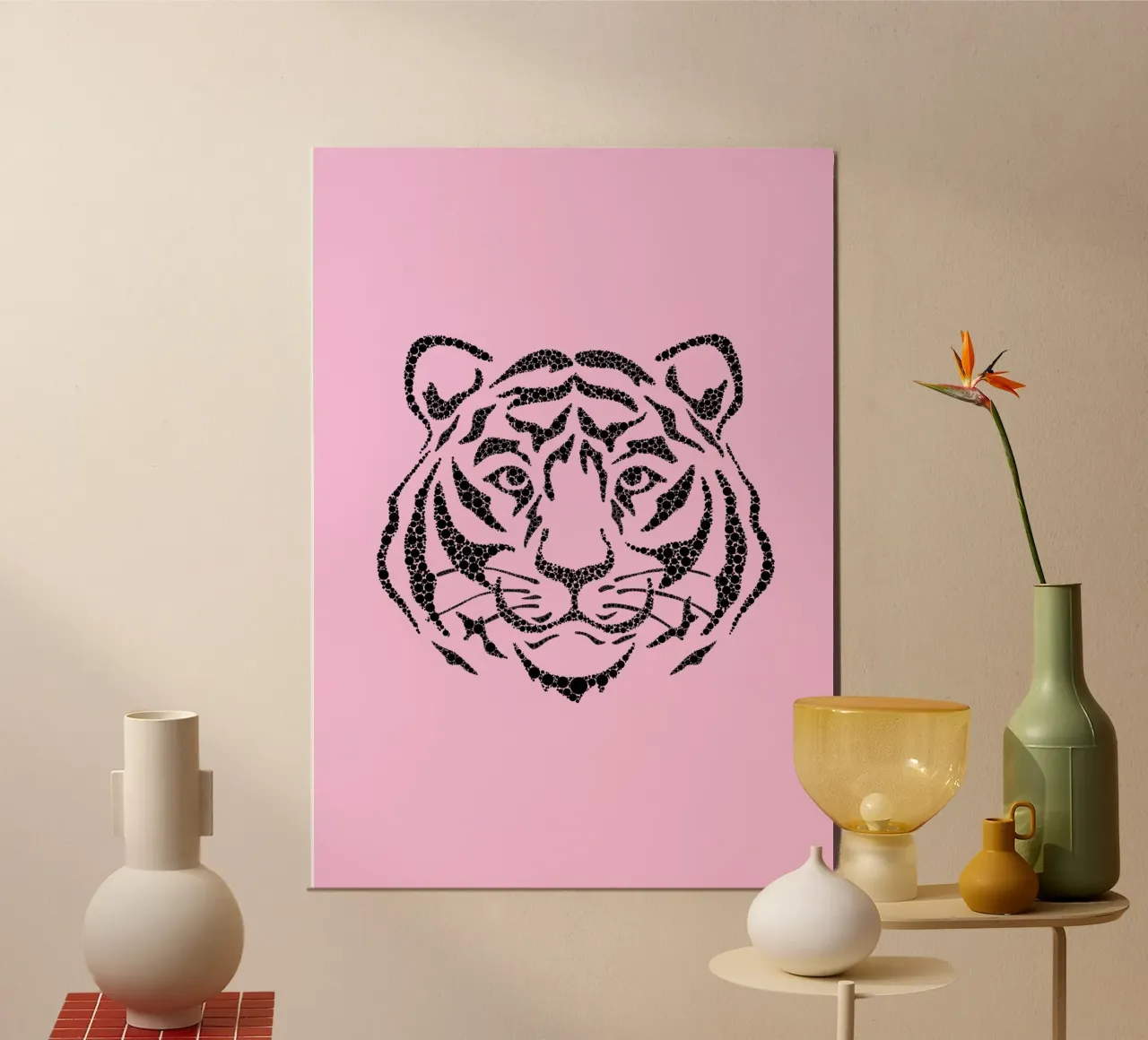 Verpixelter Tigerkopf - Pink & Schwarz Moderner Kunstdruck Poster von homdeco