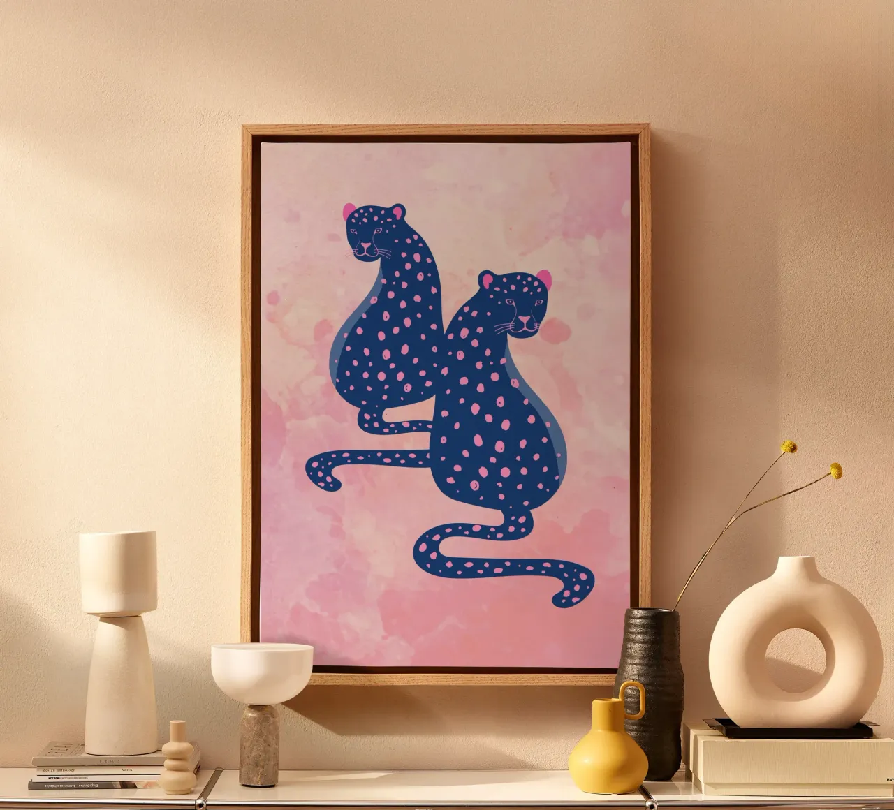 Blauer Leopard Duo - Rosa & Blau Abstrakter Kunstdruck Leinwand mit Schattenfugenrahmen von homdeco