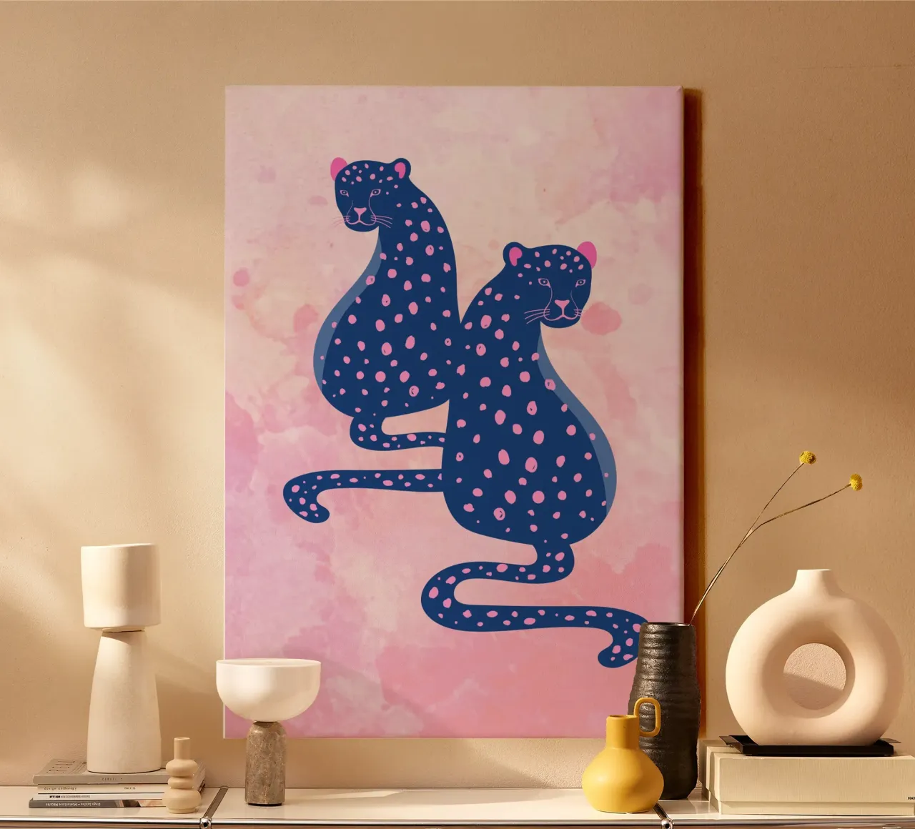 Blauer Leopard Duo - Rosa & Blau Abstrakter Kunstdruck Leinwand mit Schattenfugenrahmen von homdeco