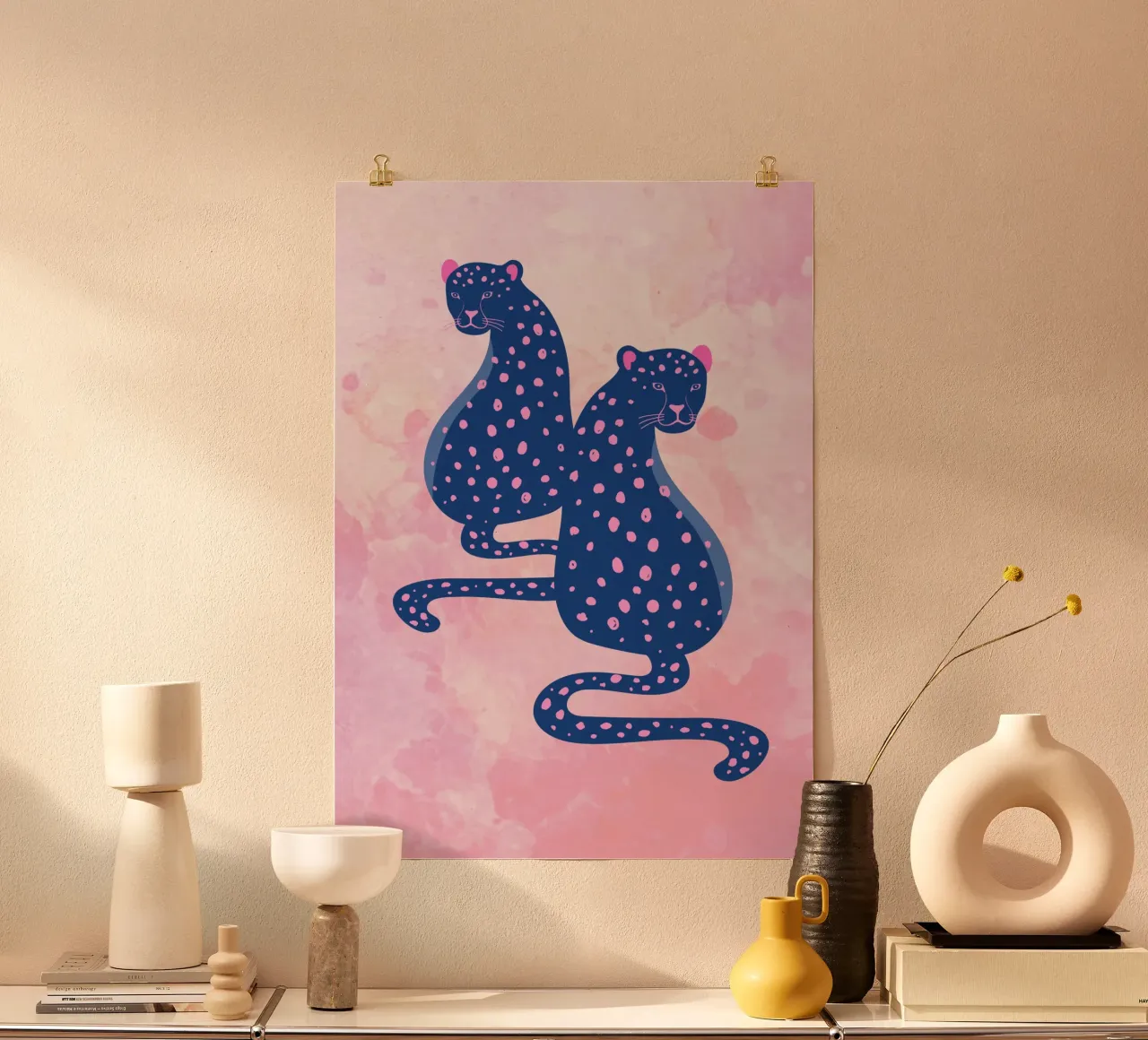 Dúo leopardo azul - Impresión artística abstracta en rosa y azul poster de homdeco
