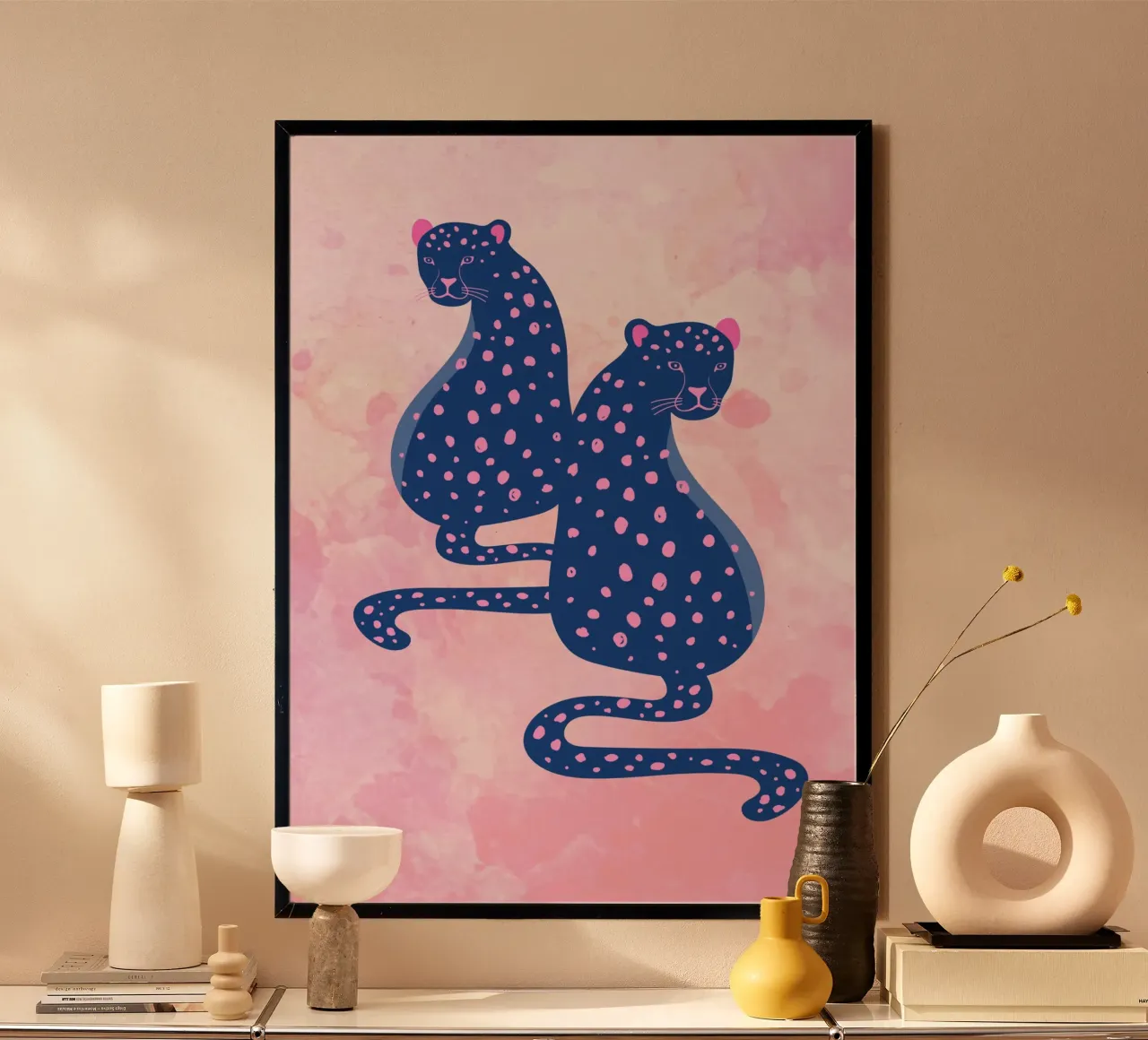 Dúo leopardo azul - Impresión artística abstracta en rosa y azul poster de homdeco