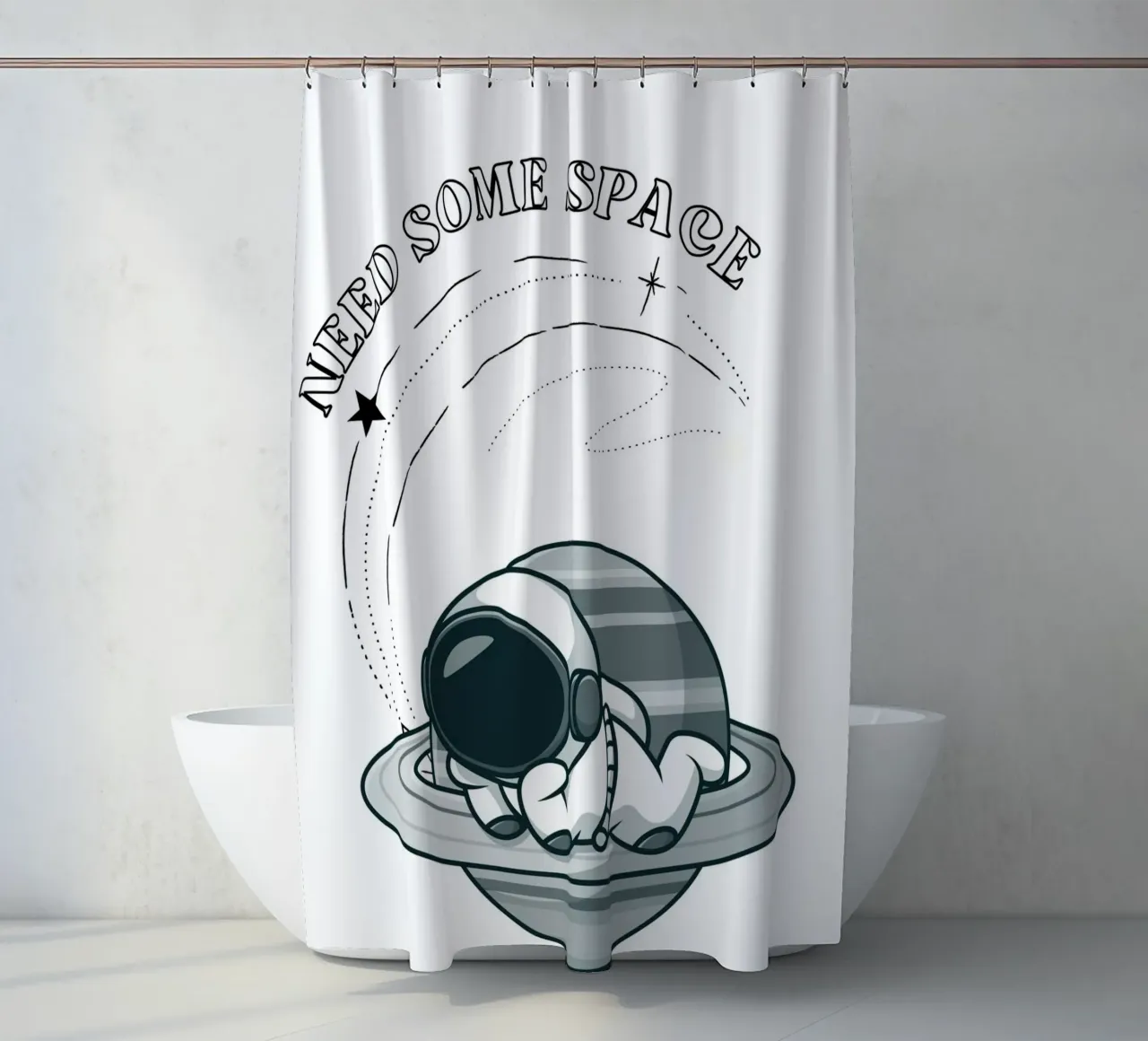 "Need Some Space" Astronaut Nap - Minimalist Print shower curtain by homdeco