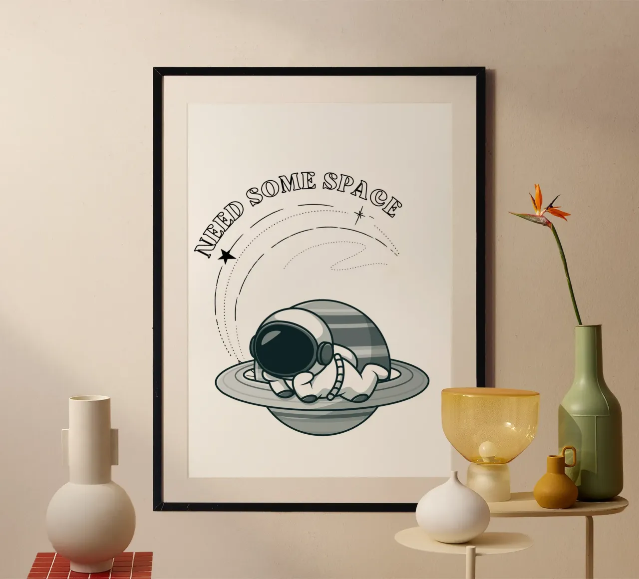 "Need Some Space" Astronaut Nap - Minimalist Print poster with wooden frame by homdeco