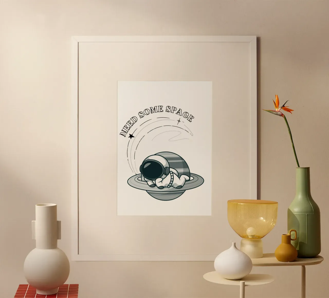 "Need Some Space" Astronaut Nap - Minimalist Print poster with wooden frame by homdeco