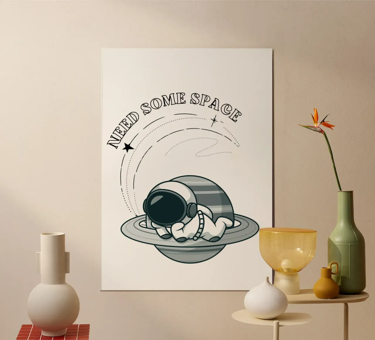 "Need Some Space" Astronaut Nap - Minimalist Print poster with wooden frame by homdeco