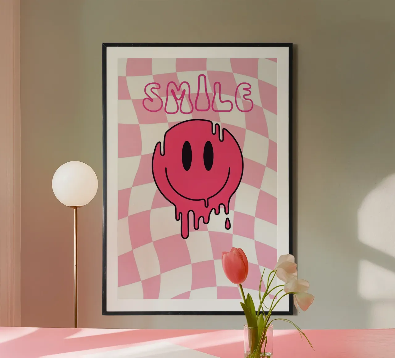 Smiley fuso "Smile" - Stampa a scacchiera rosa ondulata poster da homdeco