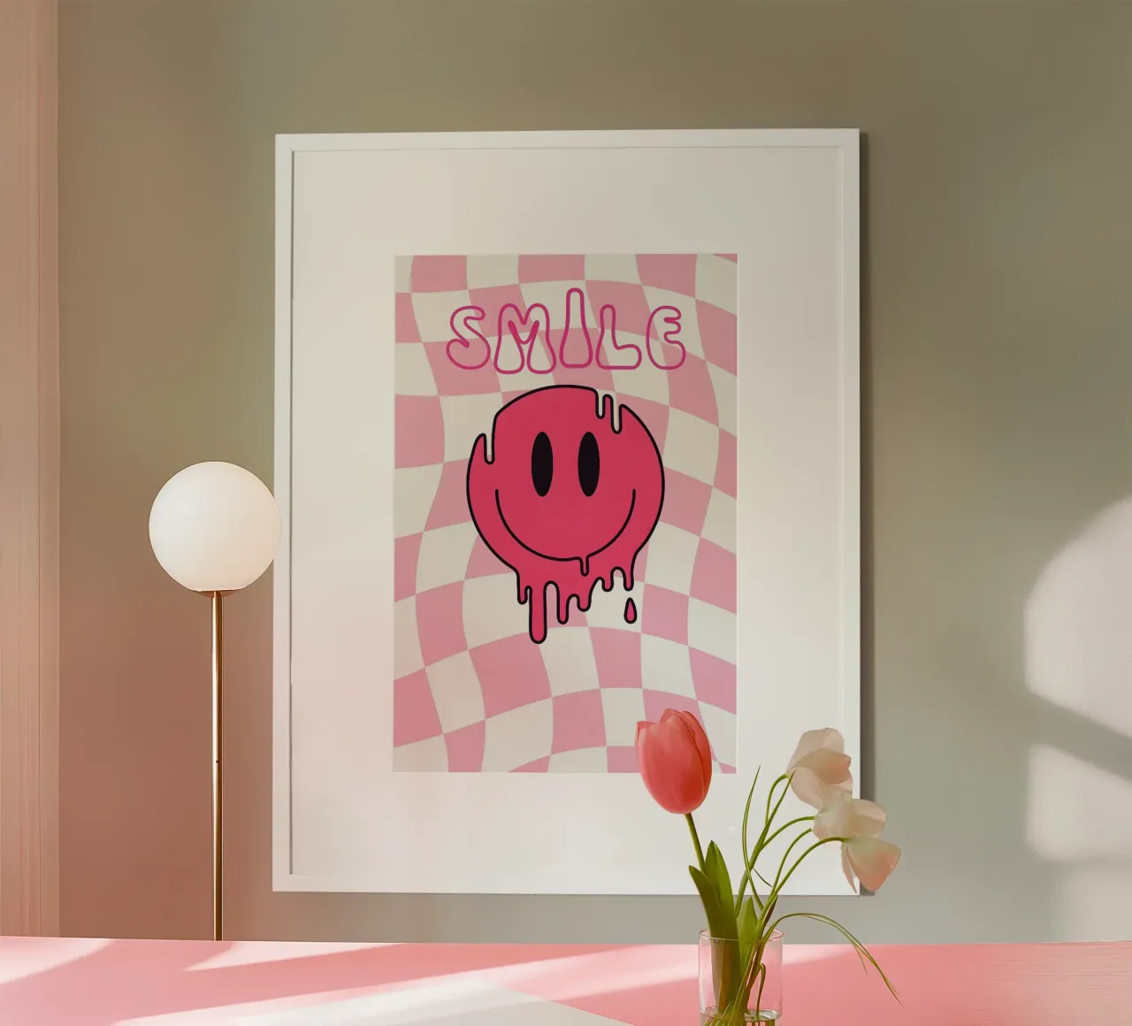 Smiley fuso "Smile" - Stampa a scacchiera rosa ondulata poster da homdeco