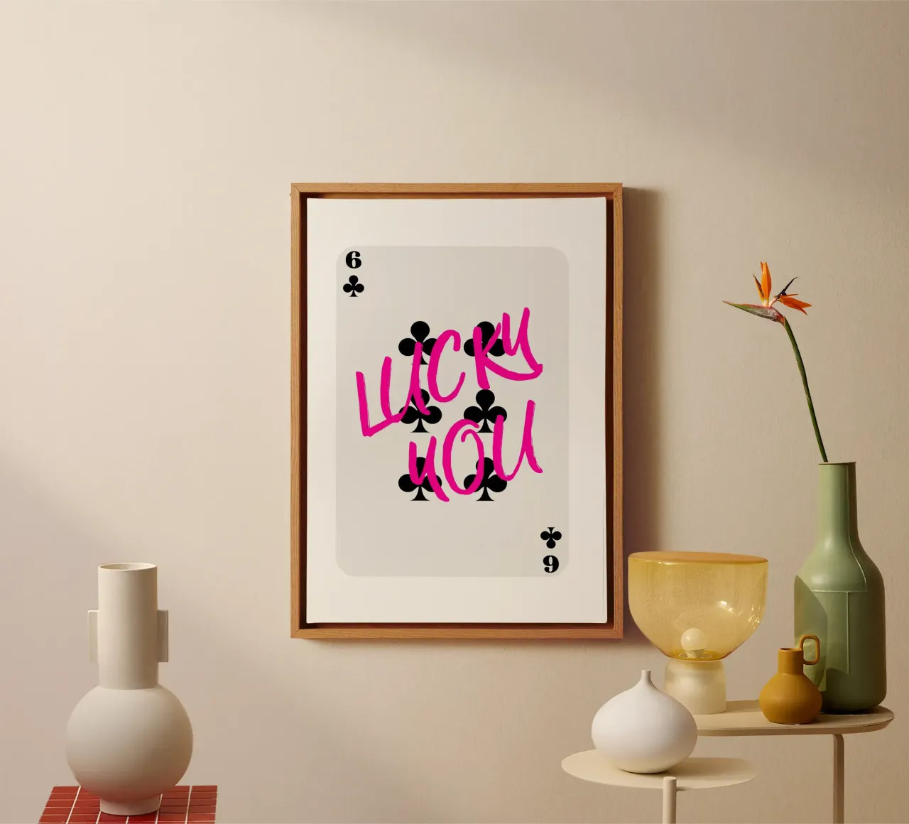 "Lucky You" Clubs Kaart - Roze & Zwart Pop Art Print canvas met Baklijst van homdeco