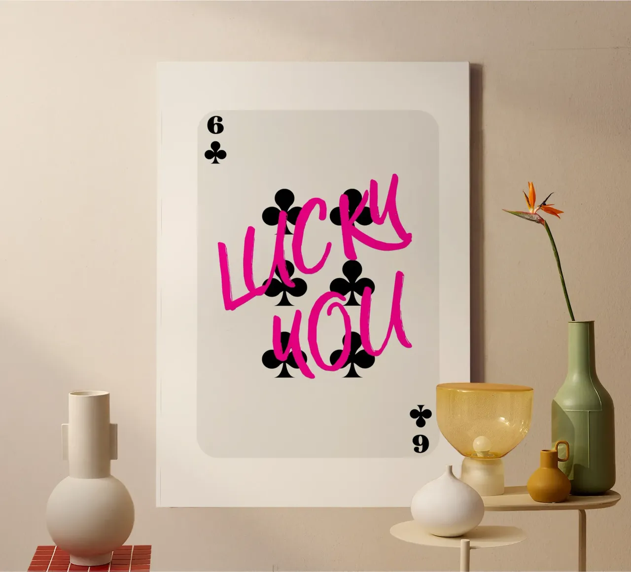 "Lucky You" Clubs Kaart - Roze & Zwart Pop Art Print canvas met Baklijst van homdeco