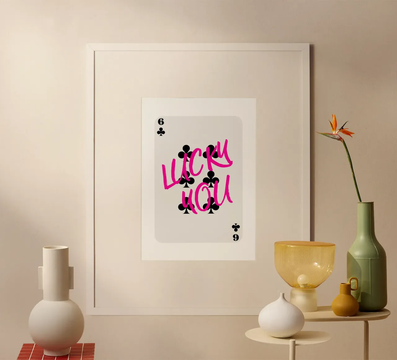"Lucky You" Clubs Kaart - Roze & Zwart Pop Art Print poster met houten frame van homdeco