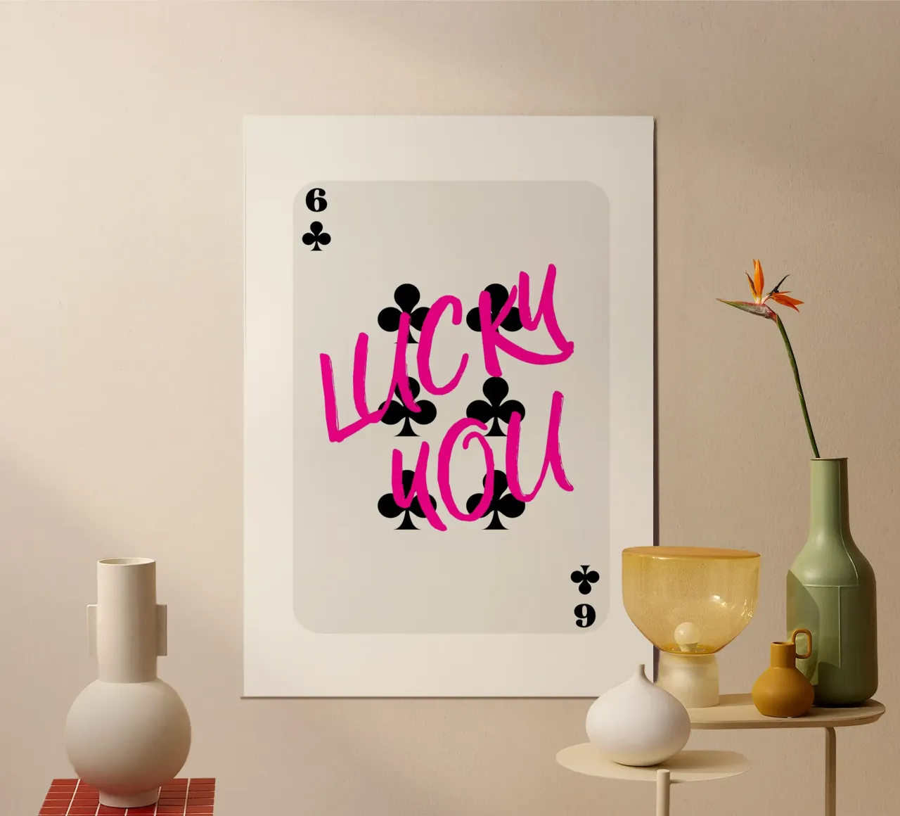 "Lucky You" Clubs Kaart - Roze & Zwart Pop Art Print poster met houten frame van homdeco