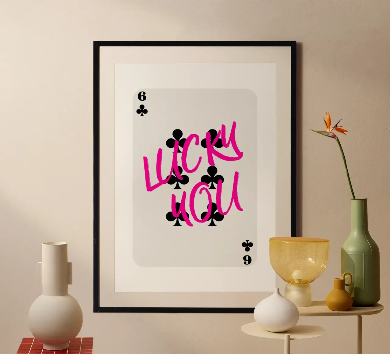 "Lucky You" Clubs Kaart - Roze & Zwart Pop Art Print poster met houten frame van homdeco