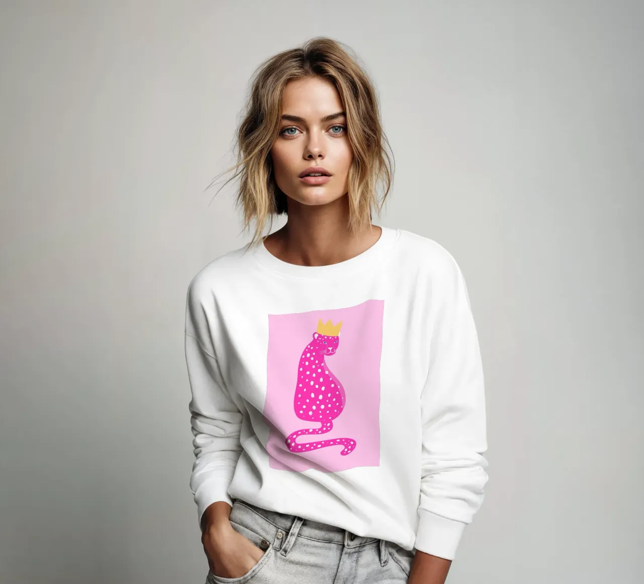 Leopardo rosa real - Corona dorada Pop Art Print sudadera de homdeco