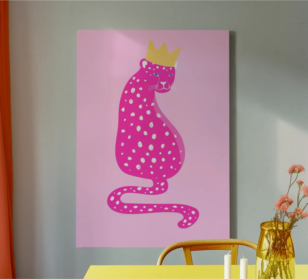 Leopardo rosa real - Corona dorada Pop Art Print lienzo con Marco flotante de homdeco