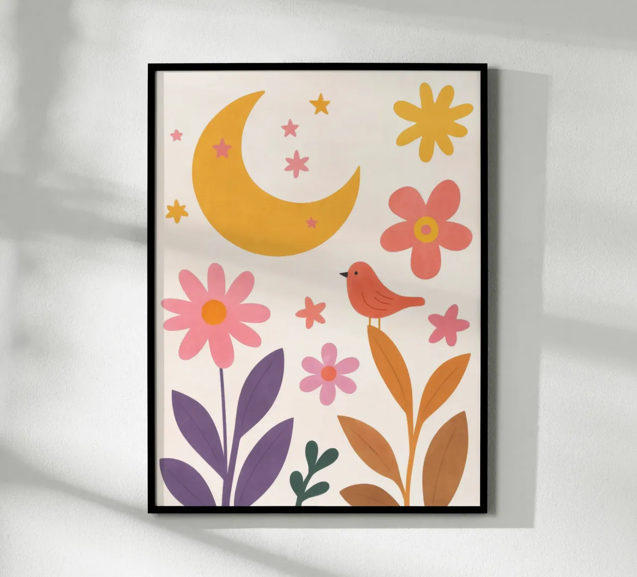Uccello carino in Boho Moon Garden Vintage Botanical Floral Stars poster con telaio in legno da Gentle Echoes Art