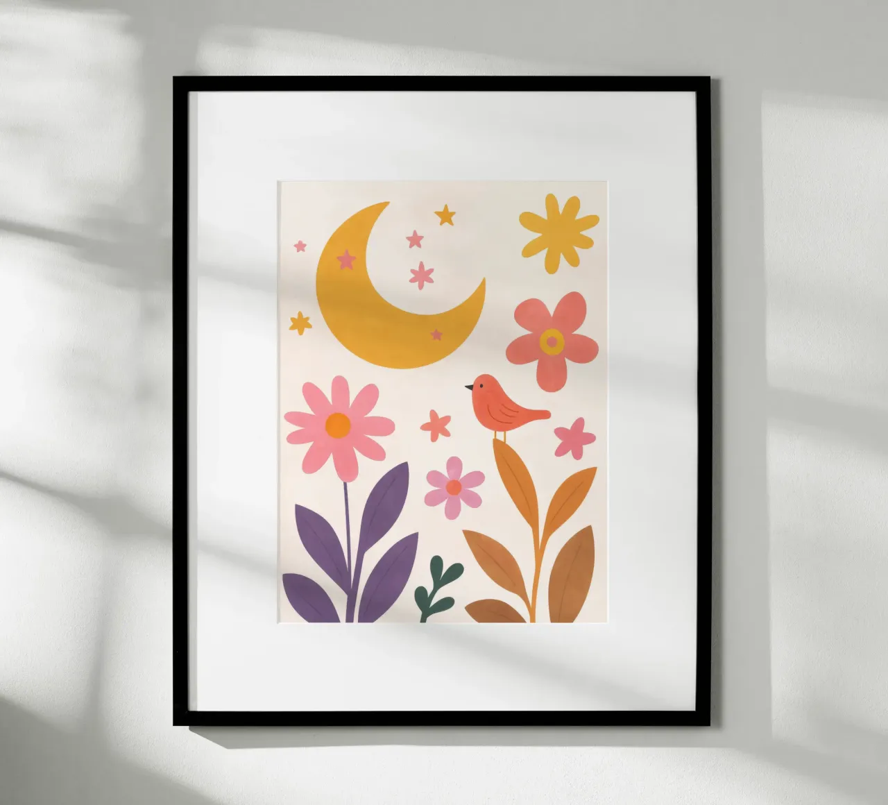 Uccello carino in Boho Moon Garden Vintage Botanical Floral Stars poster con telaio in legno da Gentle Echoes Art