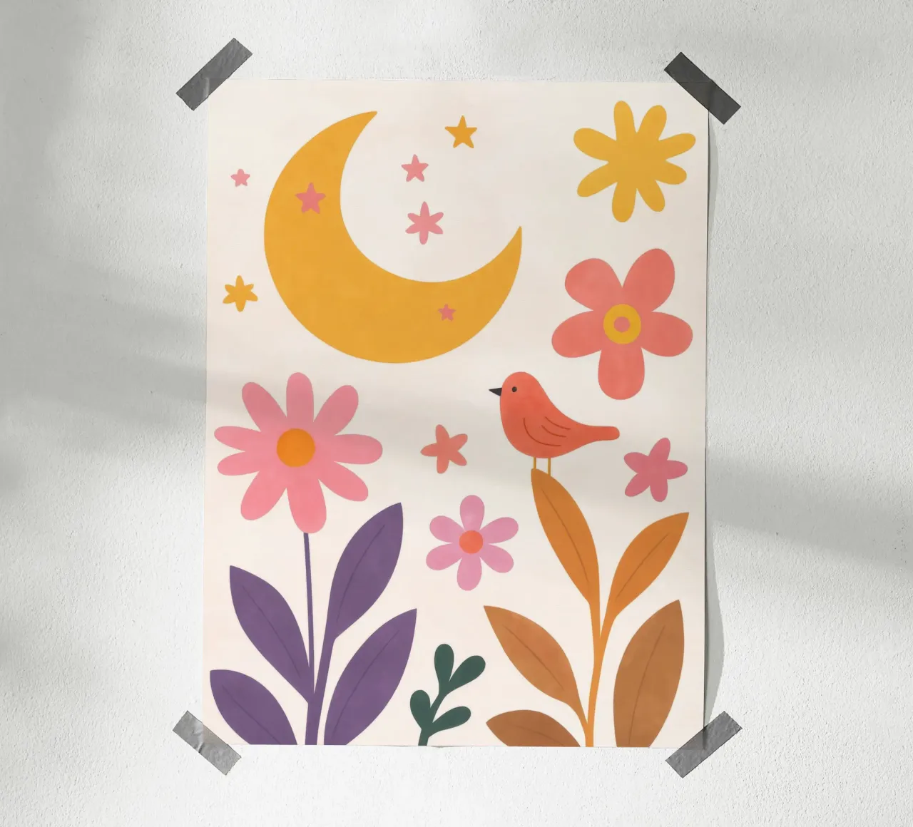 Uccello carino in Boho Moon Garden Vintage Botanical Floral Stars poster con telaio in legno da Gentle Echoes Art