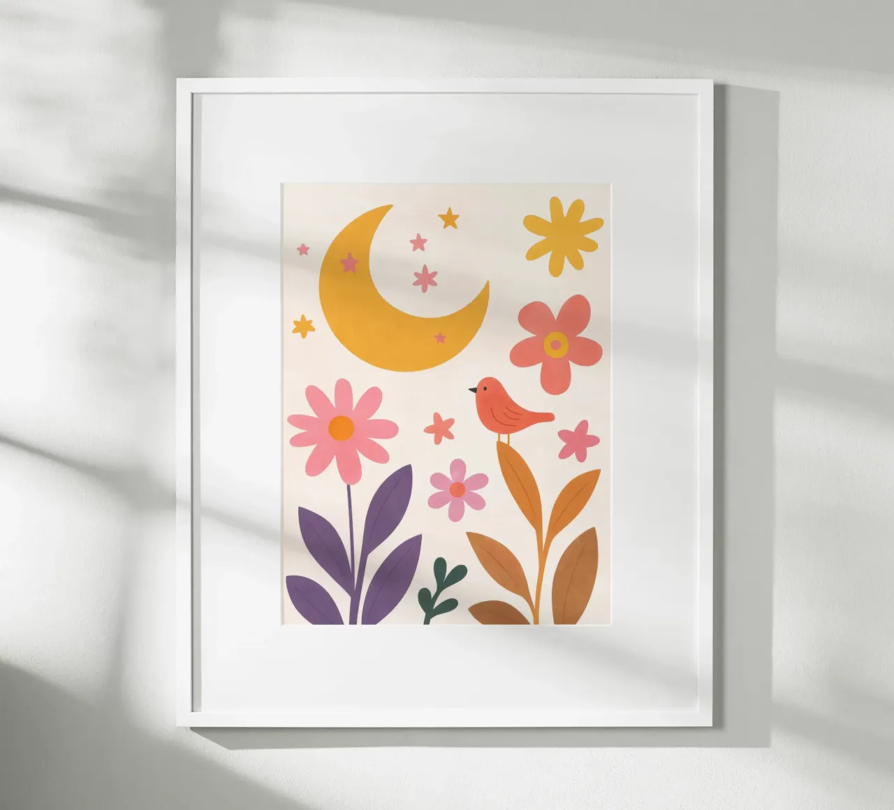 Uccello carino in Boho Moon Garden Vintage Botanical Floral Stars poster con telaio in legno da Gentle Echoes Art