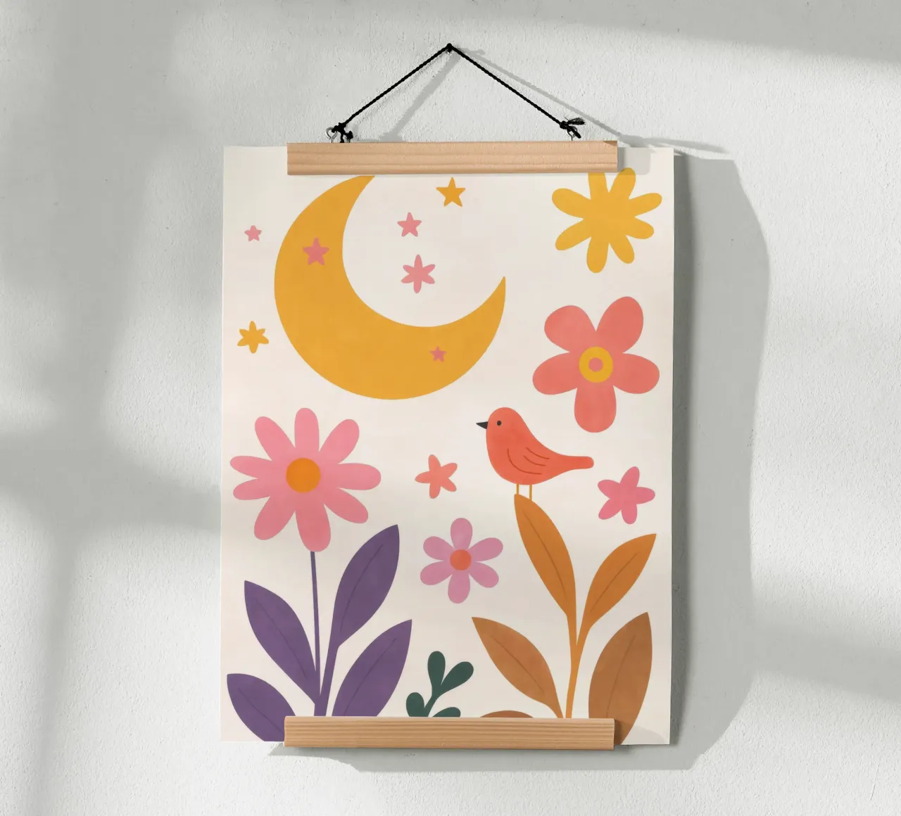 Uccello carino in Boho Moon Garden Vintage Botanical Floral Stars poster con telaio in legno da Gentle Echoes Art