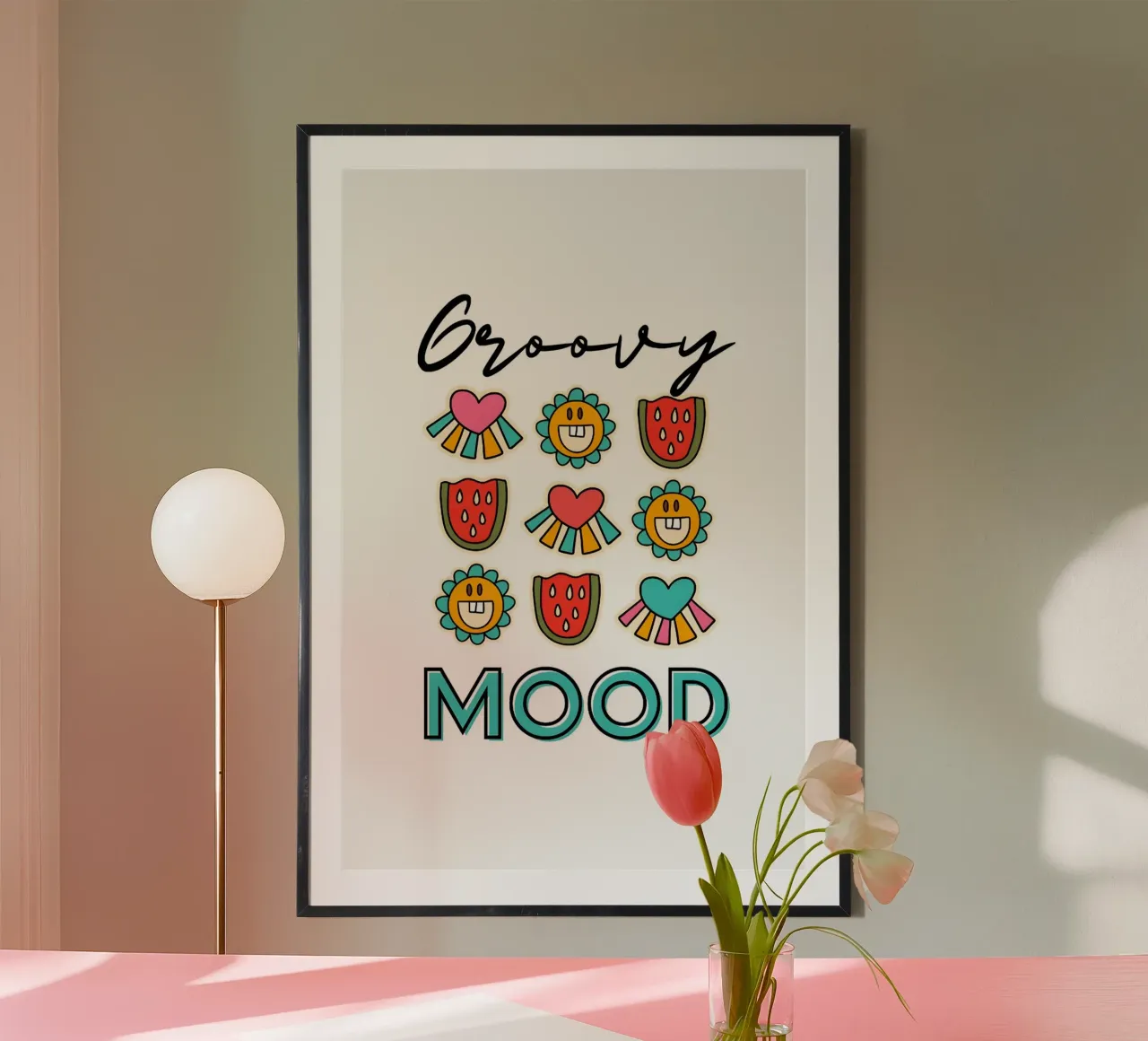 Groovy Mood - Stampa d'arte pop estiva retrò poster con telaio in legno da homdeco