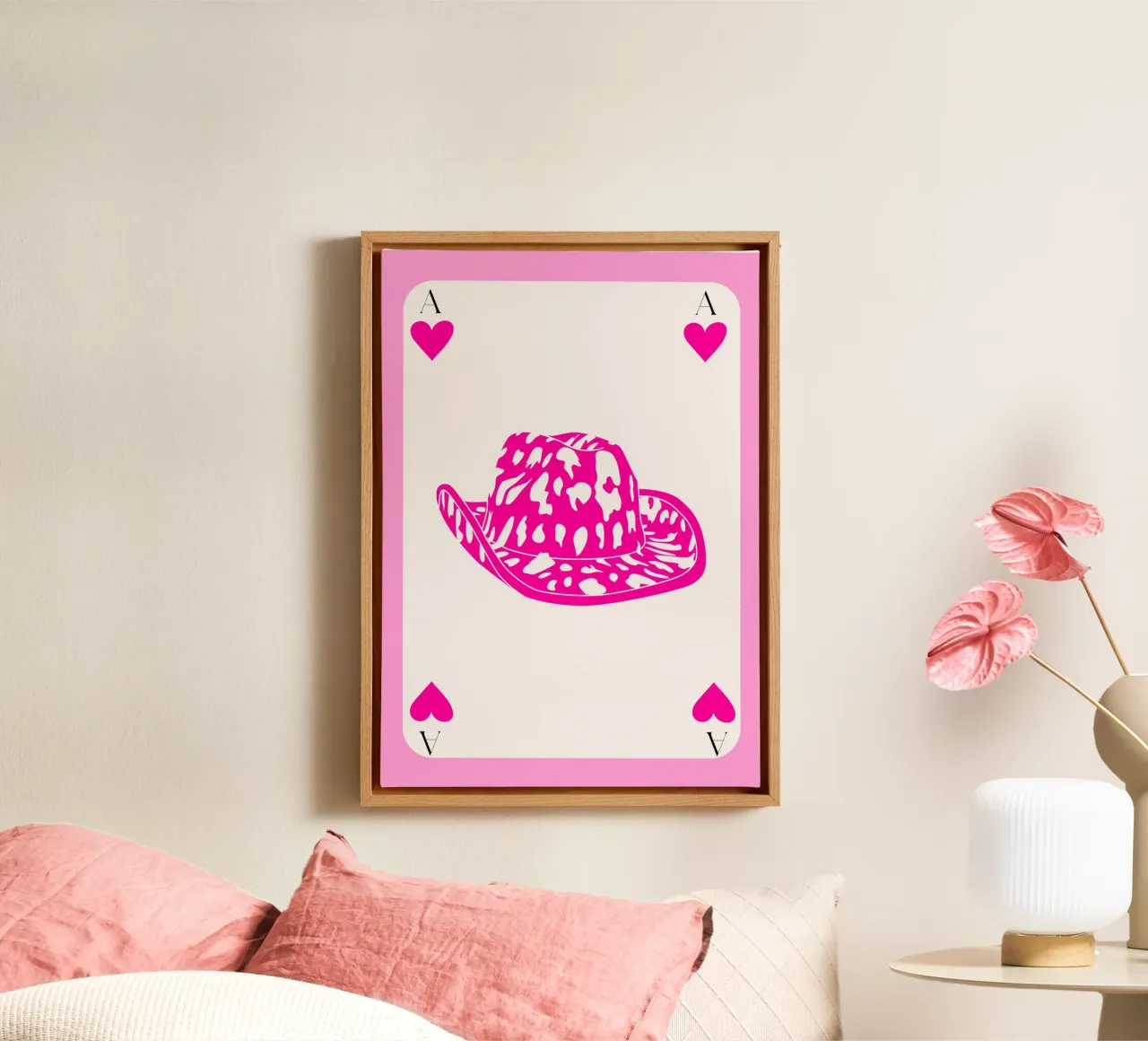 As de Corazones Sombrero de Vaquera Rosa - Western Pop Art Print lienzo con Marco flotante de homdeco