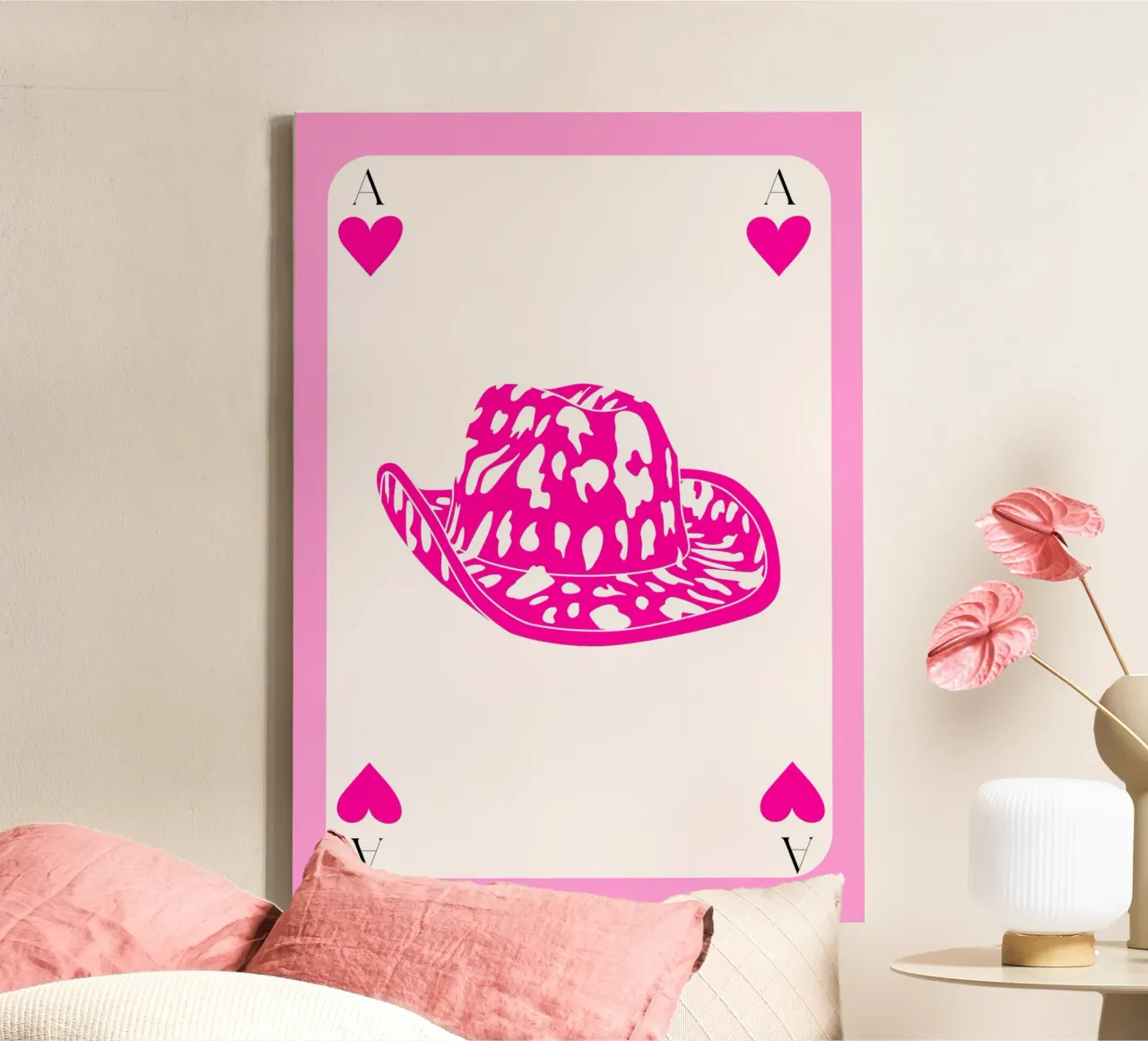 As de Corazones Sombrero de Vaquera Rosa - Western Pop Art Print lienzo con Marco flotante de homdeco