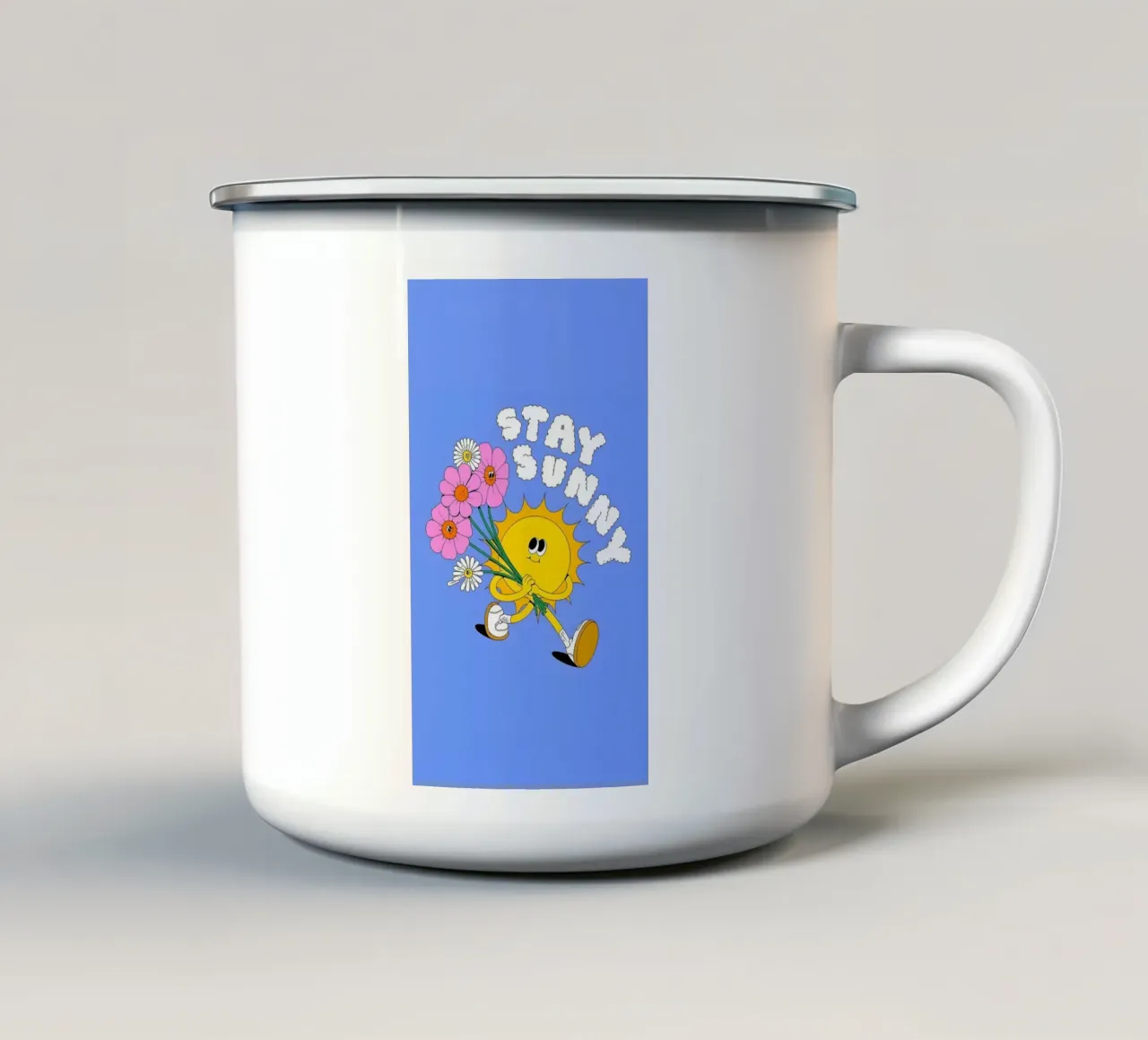"Blijf Zonnig" Retro Zon & Bloemen - Pop Art Print emaille mok van homdeco