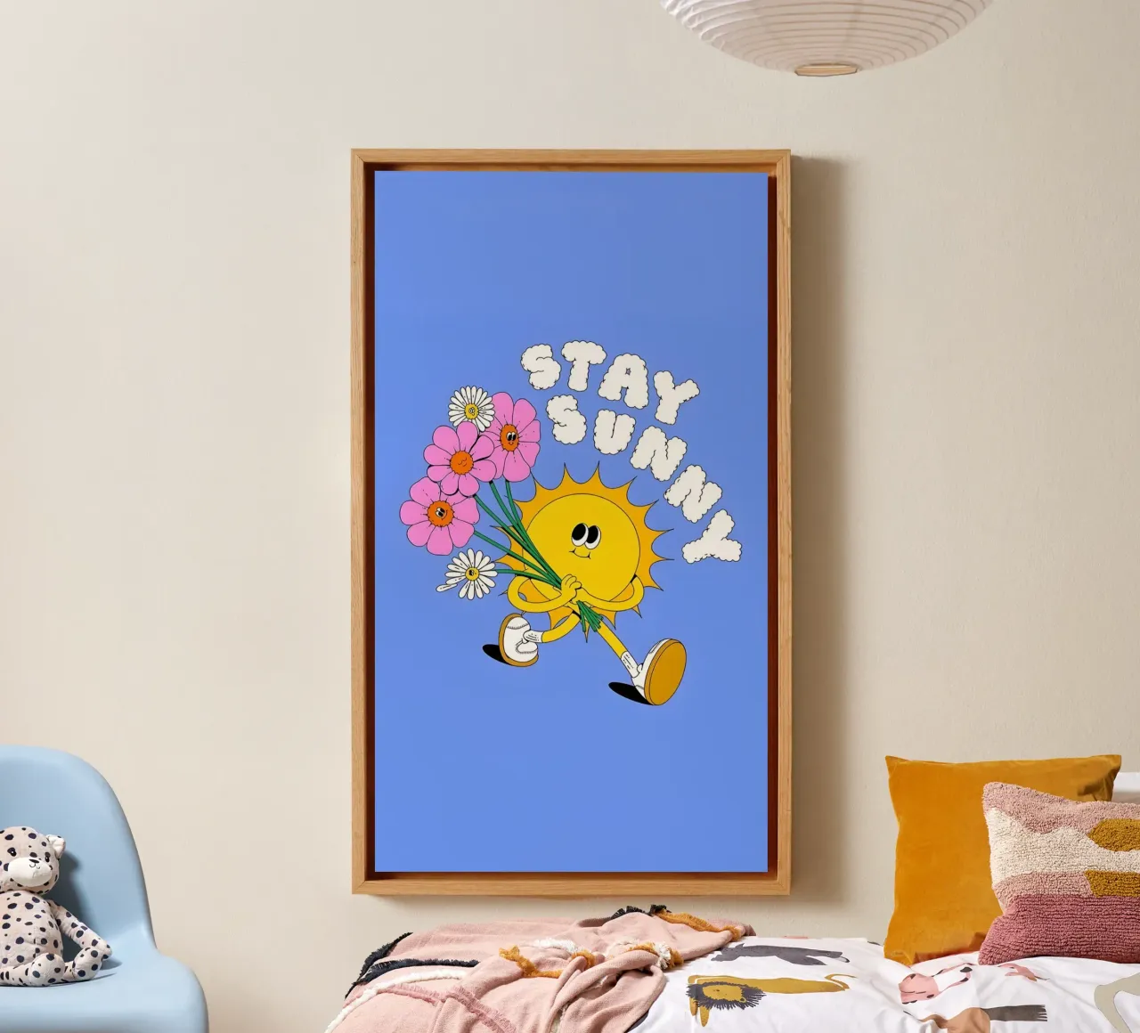 "Blijf Zonnig" Retro Zon & Bloemen - Pop Art Print canvas met Baklijst van homdeco