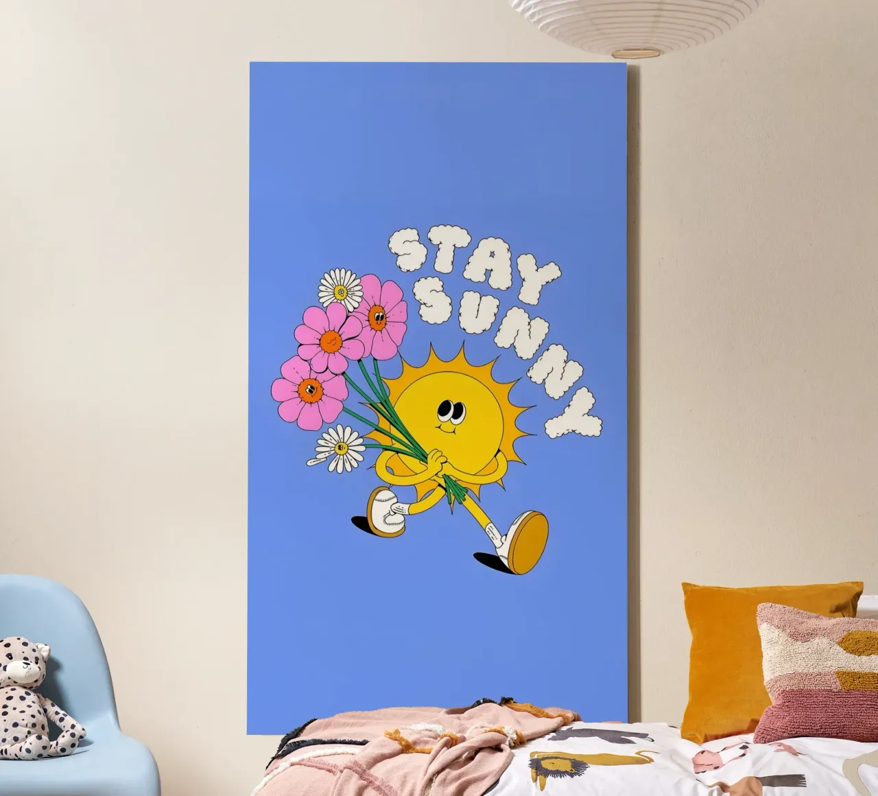 "Blijf Zonnig" Retro Zon & Bloemen - Pop Art Print canvas met Baklijst van homdeco