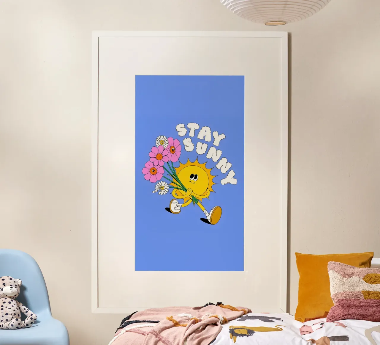 "Stay Sunny" Sole e fiori retrò - Stampa pop art poster con telaio in plastica da homdeco