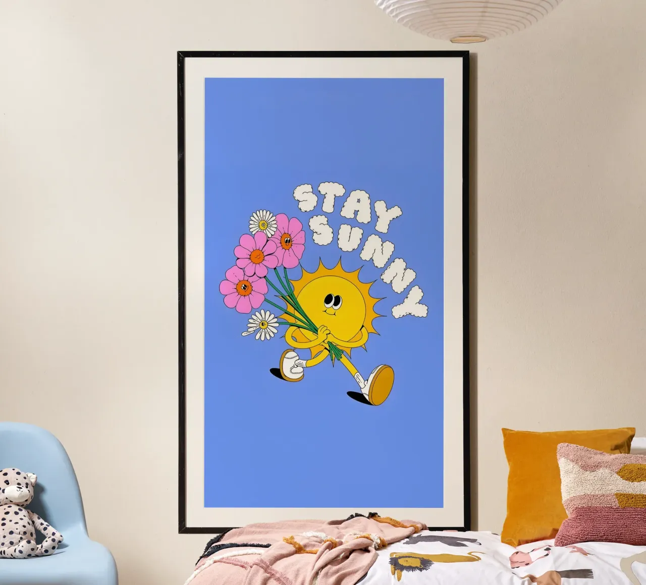"Stay Sunny" Sole e fiori retrò - Stampa pop art poster con telaio in plastica da homdeco