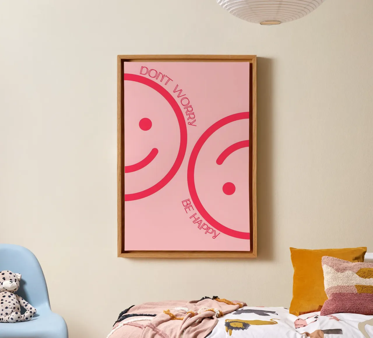 "Don't Worry Be Happy" - Roze Smileygezichtjes Print canvas met Baklijst van homdeco
