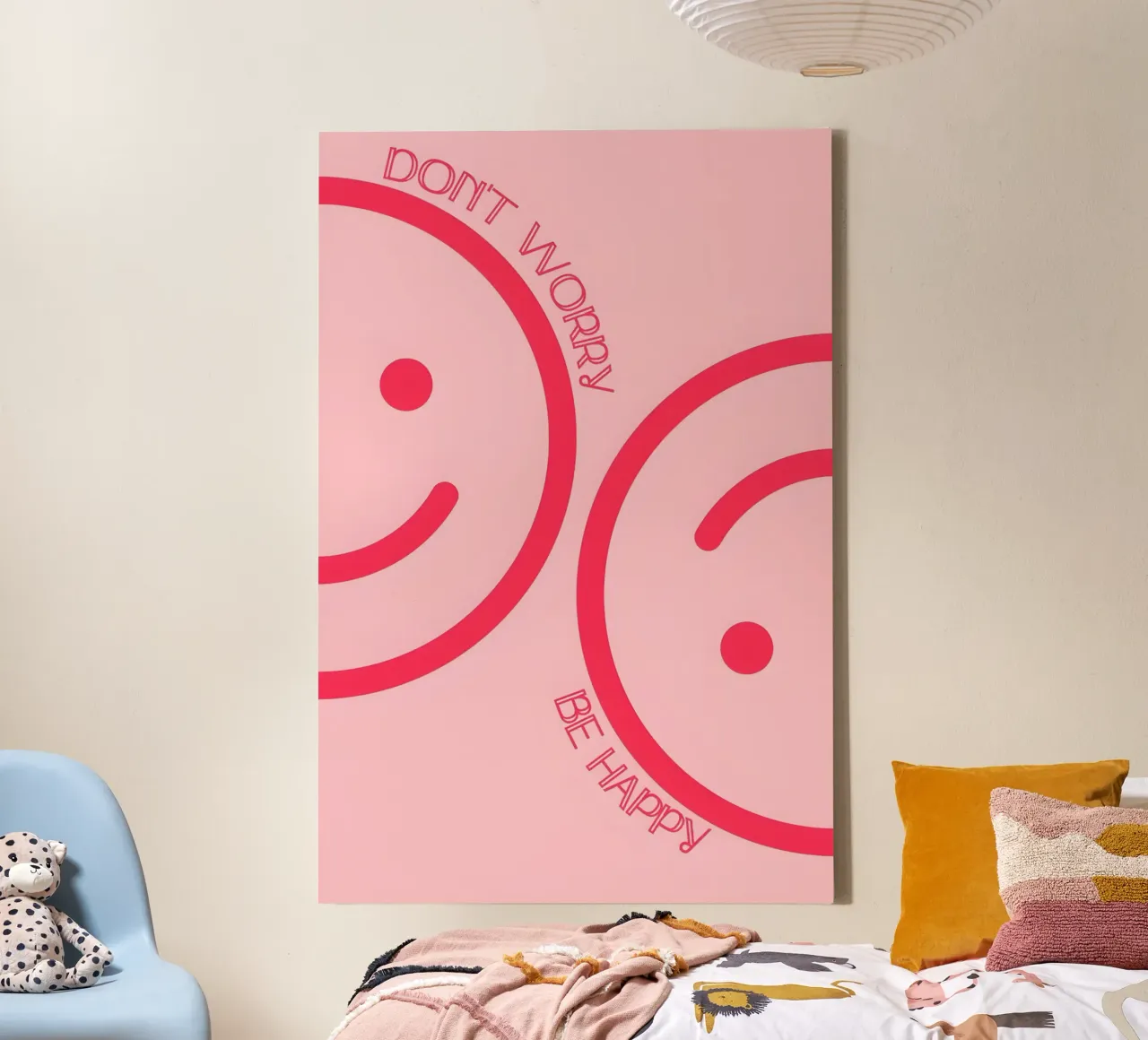 "Don't Worry Be Happy" - Roze Smileygezichtjes Print canvas met Baklijst van homdeco