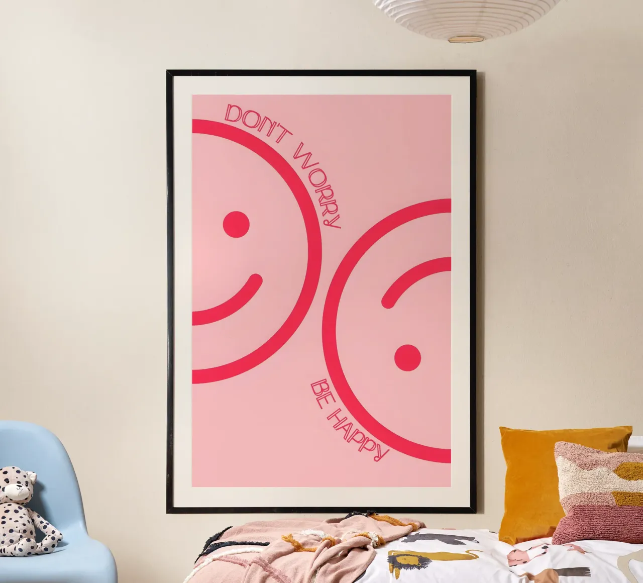 "Don't Worry Be Happy" - Roze Smileygezichtjes Print poster van homdeco