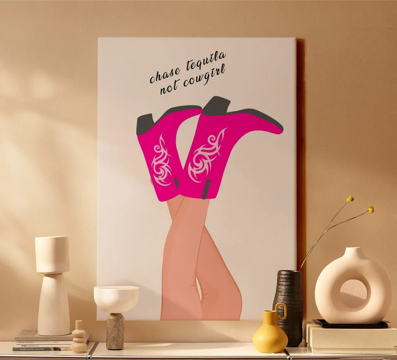 Chase Tequila Not Cowgirl - Roze Laarzen Kunstdruk canvas met Baklijst van homdeco