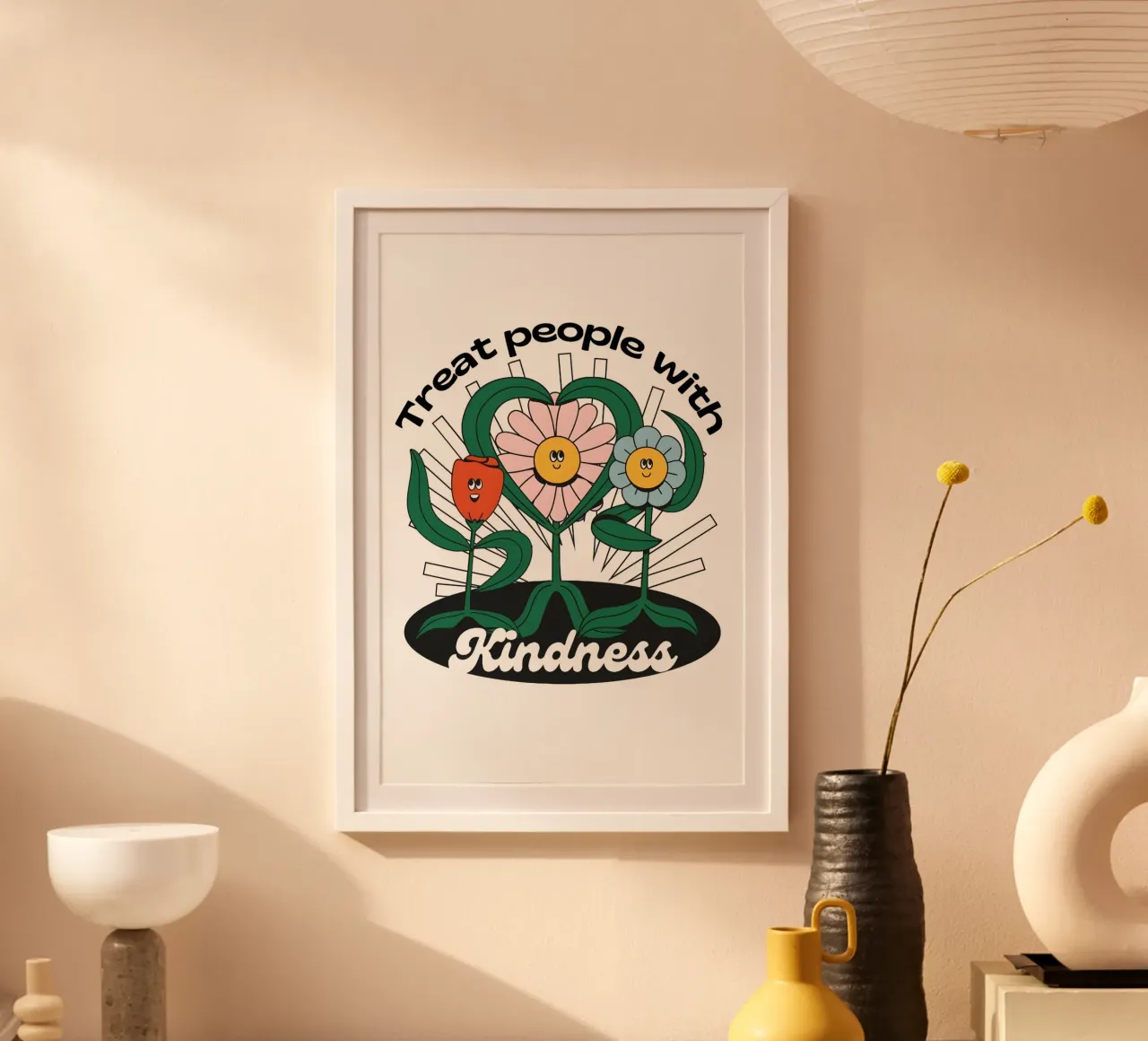 "Trata a la gente con amabilidad" - Impresión artística de flores retro poster con marco de plástico de homdeco