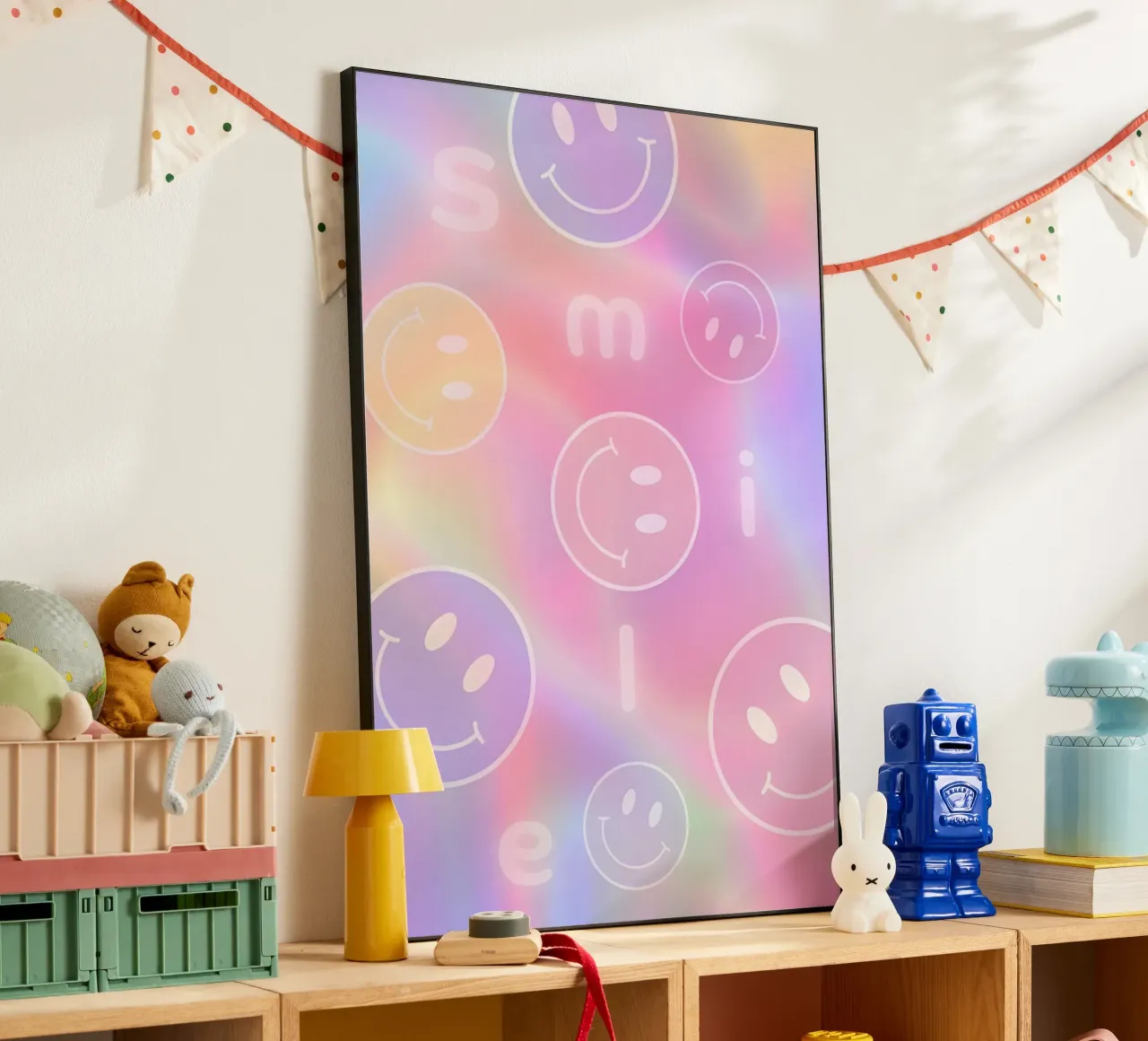 Smiley holográfico "Smile" - Impresión psicodélica en tonos pastel aluminio dibond de homdeco