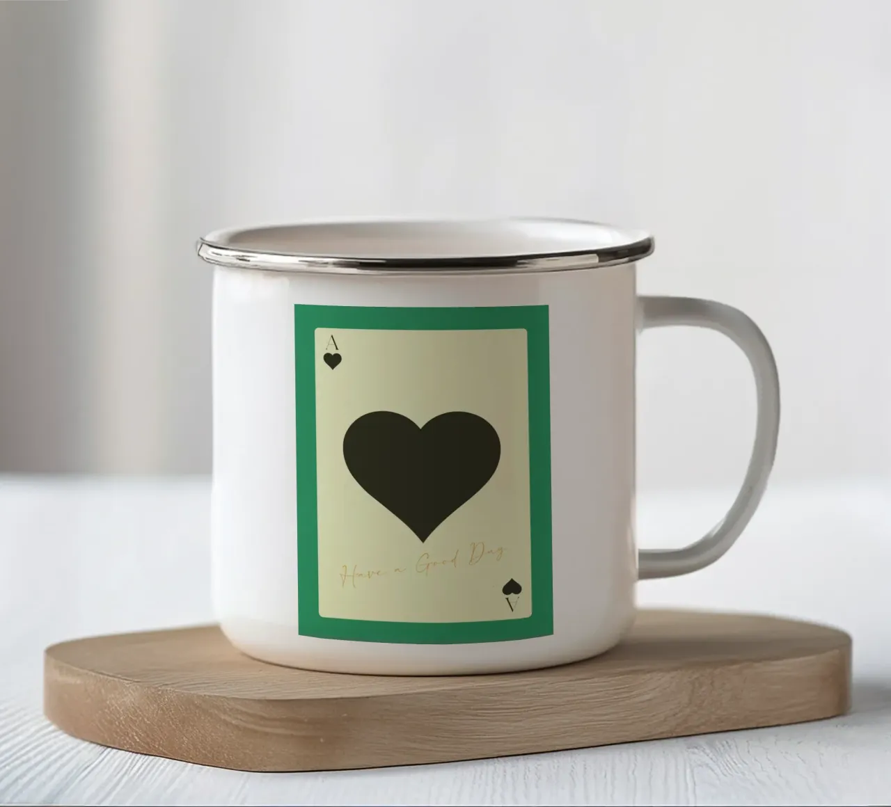 "Buona giornata" Asso di picche - Stampa verde e nera tazza in smalto da homdeco