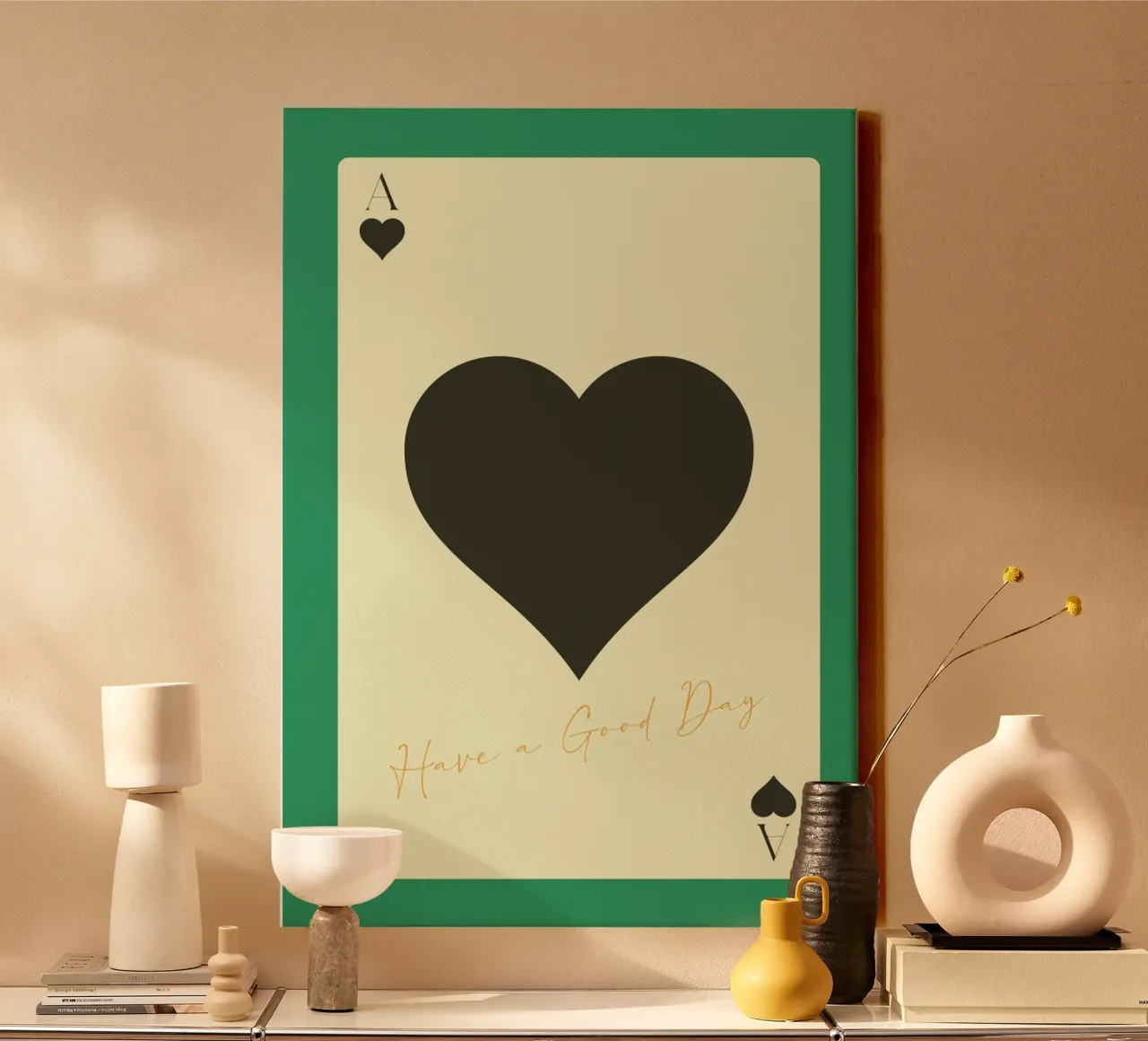 "Have a Good Day" As de picas - Impresión en verde y negro lienzo con Marco flotante de homdeco