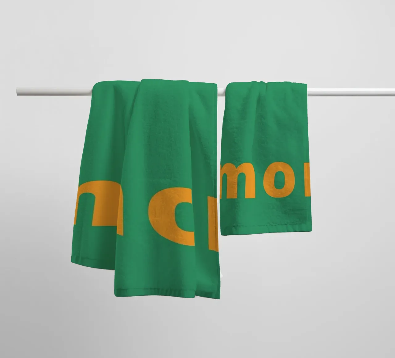 "Amore." Bold Text Art - Orange & Green Minimalist Print towel by homdeco