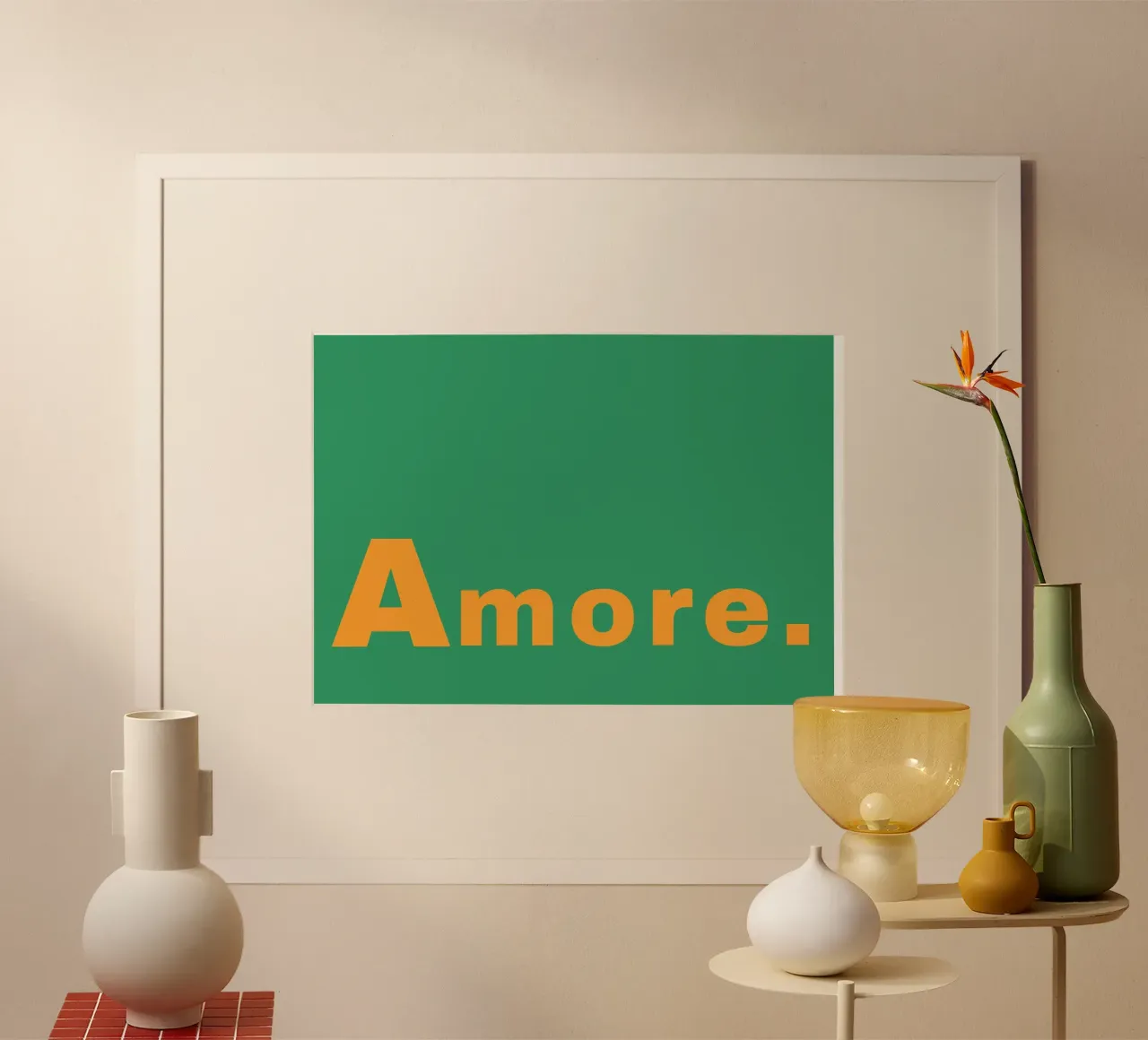 "Amore. Arte del testo in grassetto - Stampa minimalista arancione e verde poster con telaio in alluminio da homdeco