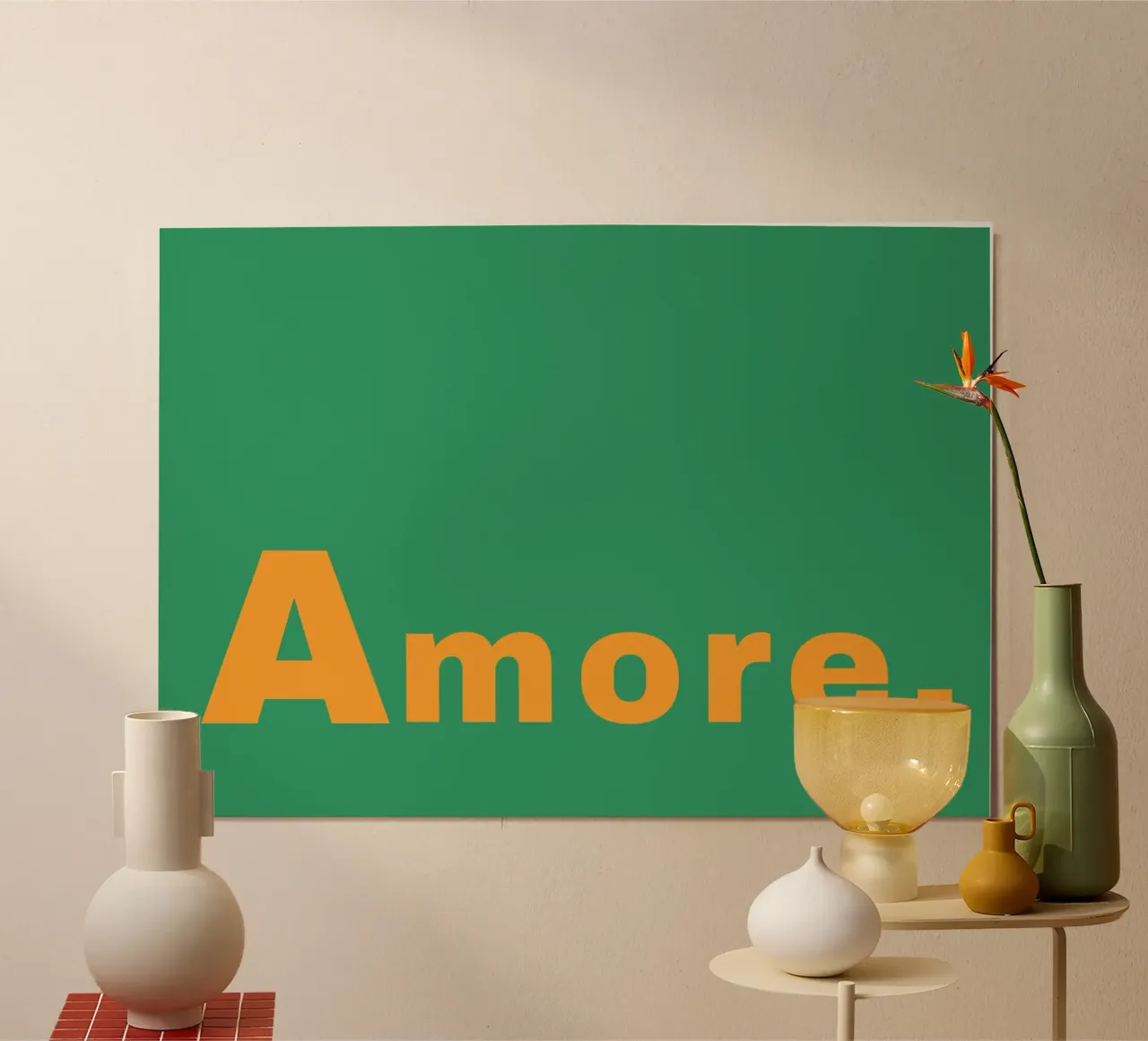 "Amore. Arte del testo in grassetto - Stampa minimalista arancione e verde poster con telaio in alluminio da homdeco