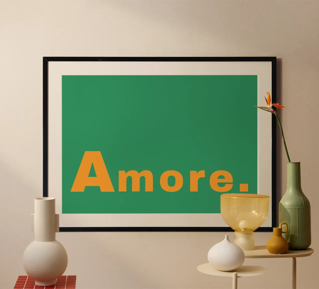 "Amore. Arte del testo in grassetto - Stampa minimalista arancione e verde poster con telaio in alluminio da homdeco