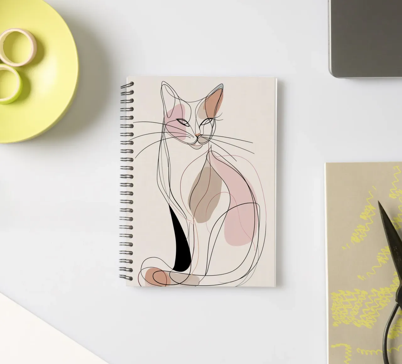Elegant Graceful Cat Picture | Print Abstract Line Artwork spiral notebook by Kaji